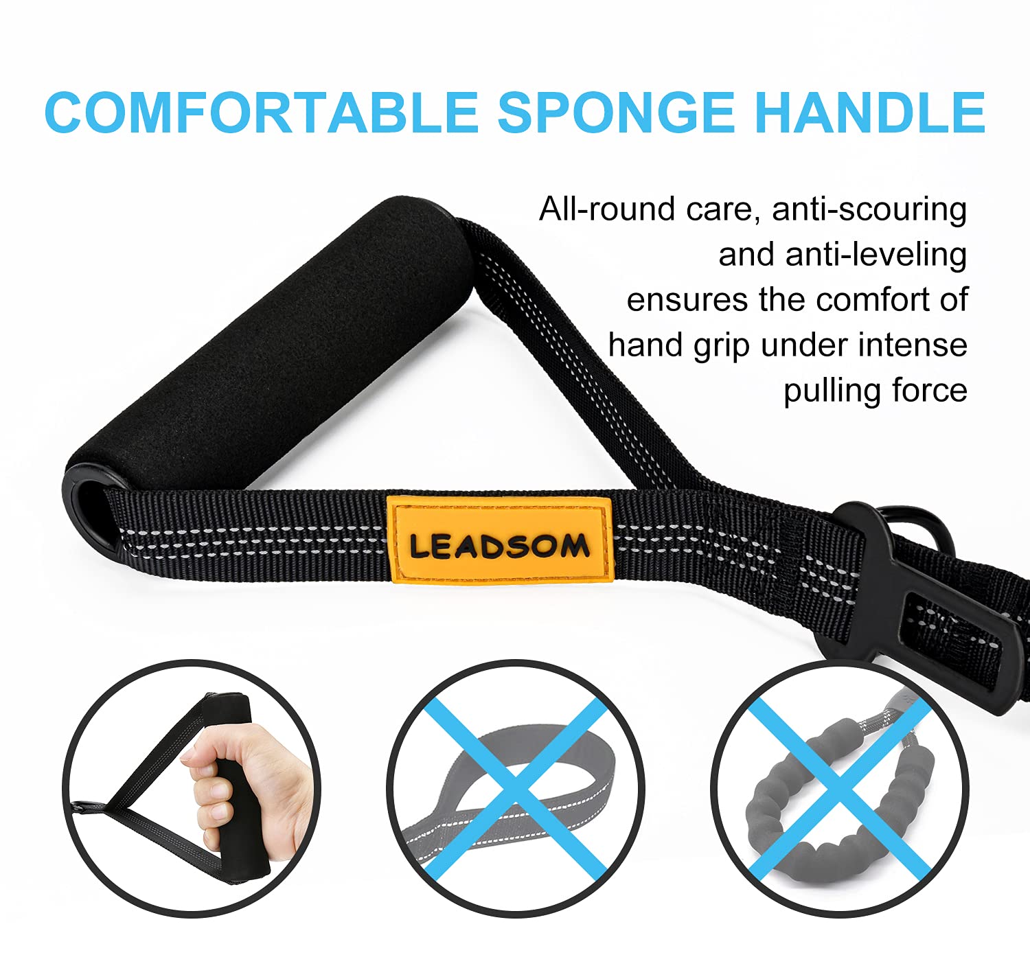 LEADSOM 6FT Dog Leash, Heavy Duty Elastic with Shock Absorbing Padded Handle, Black Nylon for Medium and Large Dogs