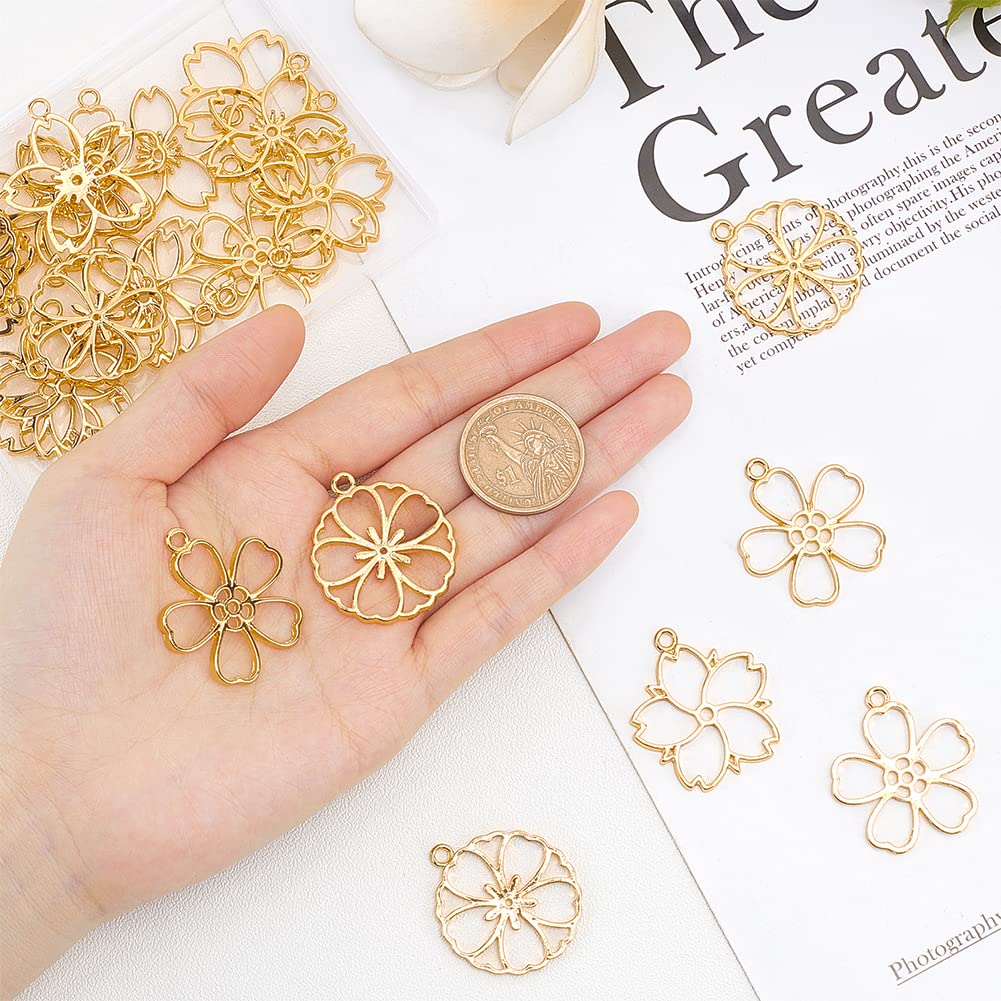OLYCRAFT 30pcs Blossom Open Bezel Pendants Flower Charms 5-Shape Hollow Frame Dangle Charms Making Kits for DIY UV Resin or Pres