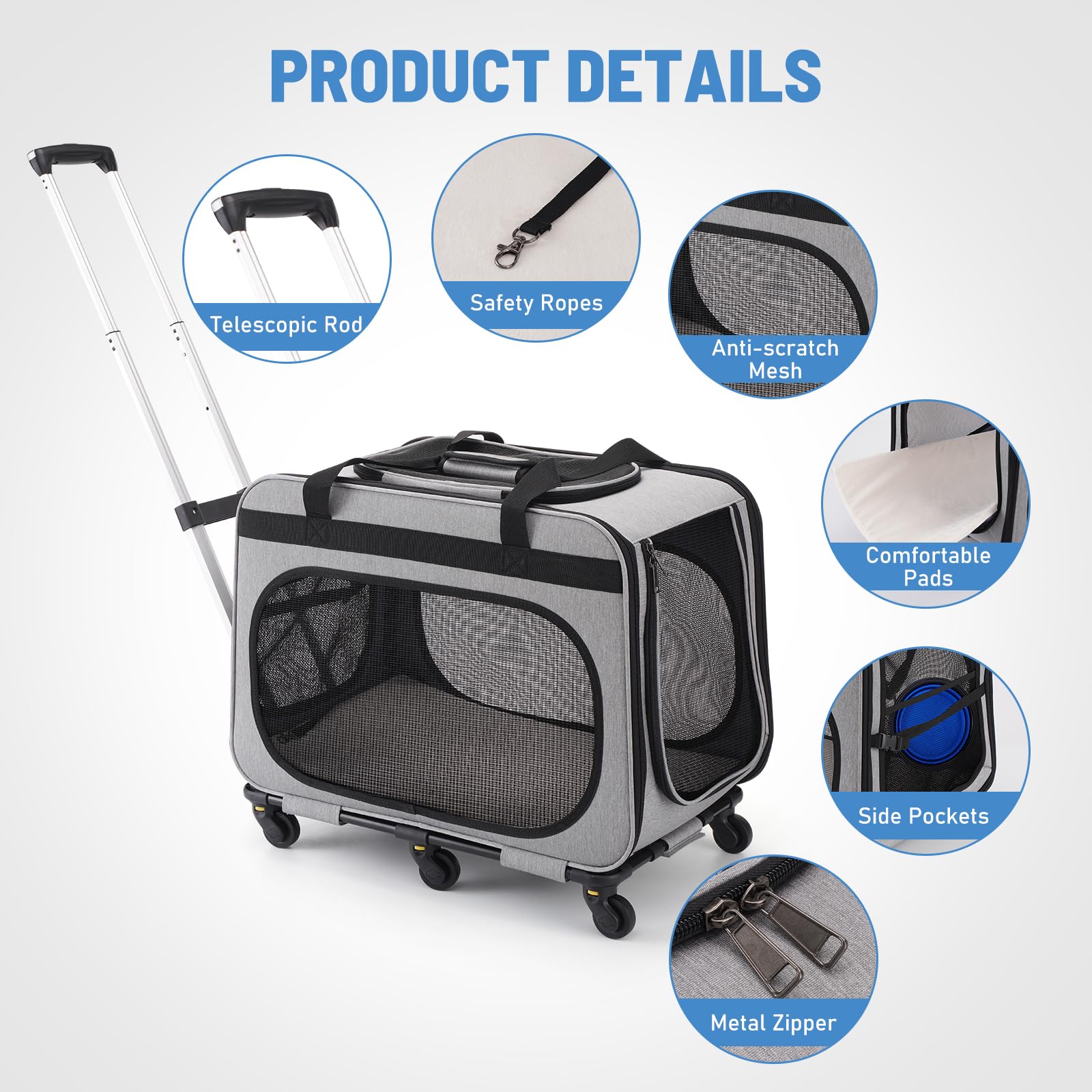 Hovono Extra Large Pet Carrier With Wheels For Small Dogs And All-Breed Cats, Cat Rolling Carrier For Up To 4 Cats, Support Up T