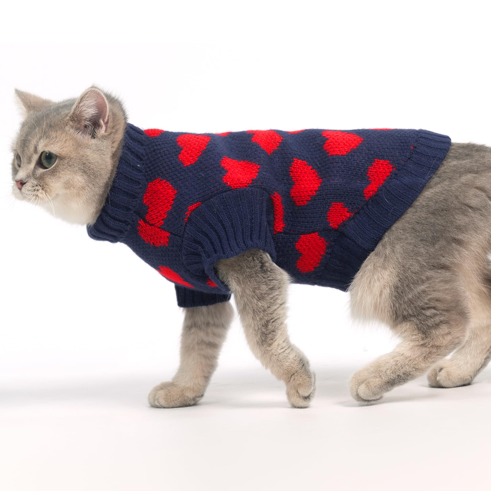 Kooltail Cat Sweater Turtleneck- Soft Knit Sweaters For Cats Only, Christmas Red Heart Love Pattern Thick Warm Cold Weather Clot