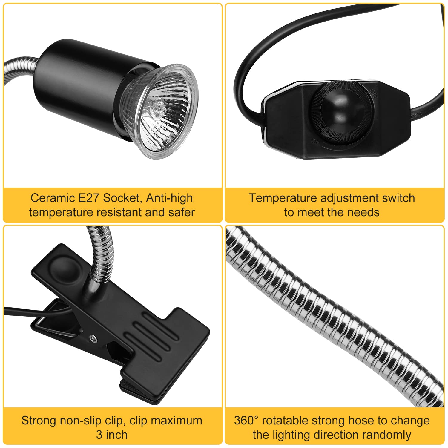 Reptile Heat Lamps, Turtle Lamp Uva/Uvb Turtle Aquarium Tank Heating Lamps With Clamp, 360° Rotatable Basking Lamp For Lizard Turtle Snake Aquarium Aquatic Plants With 2 Heat Bulbs (E27,110V)