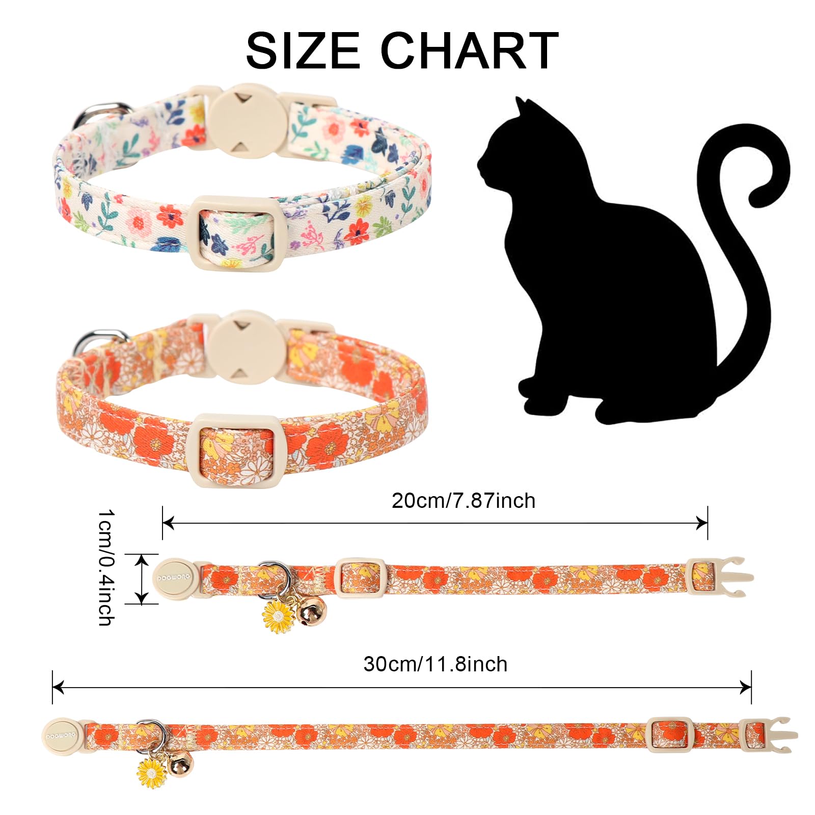 2 Pack Flower Cat Collars Breakaway With Bell, Dogwong Safety Buckle Rose Floral Cute Cat Collar For Girl Boy Cats,Adjustable 7-