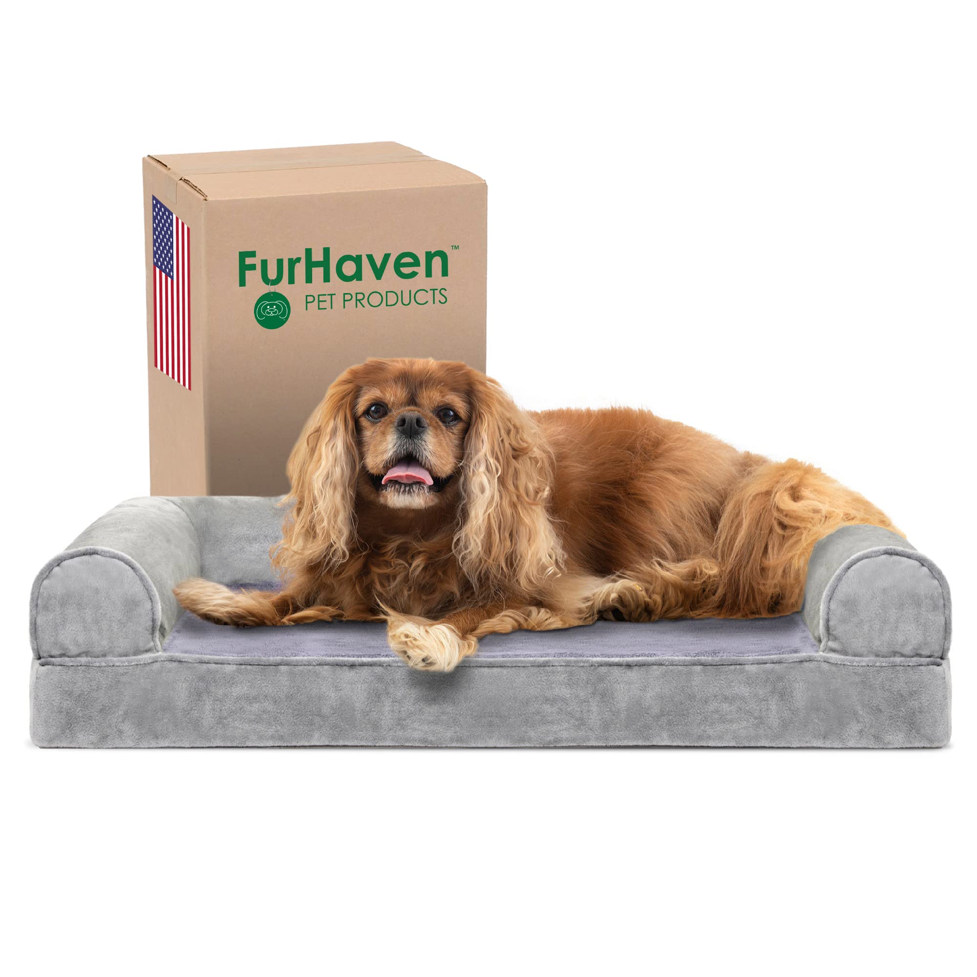 Furhaven Cooling Gel Dog Bed for Medium/Small Dogs w/ Removable Bolsters & Washable Cover, For Dogs Up to 35 lbs - Faux Fur & Ve