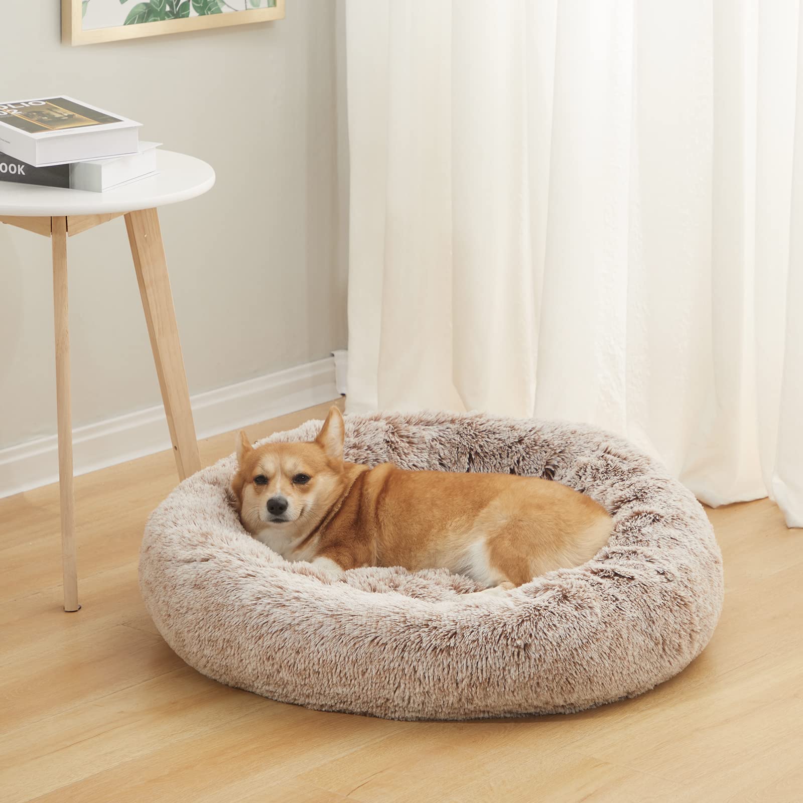 Bedfolks Calming Donut Dog Bed - 30'' Round Plush For Medium Dogs, Anti-Anxiety, Machine Washable (Brown, Medium)