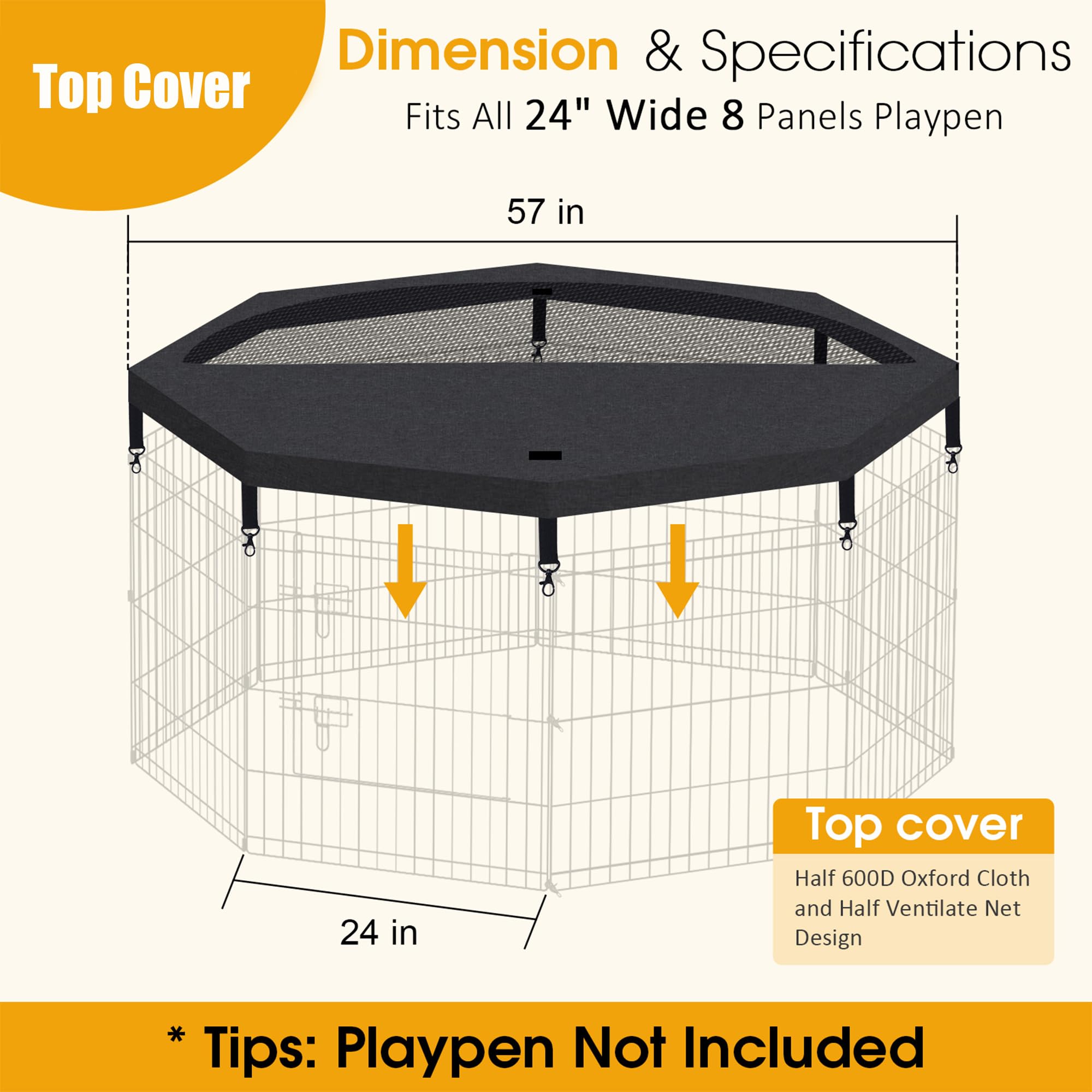 Dog Pet Playpen 8 Panel 24 Inch Top Cover For Small Medium Pets Indoor Outdoor (Only Cover,Playpen Not Included)(Black Top Cover