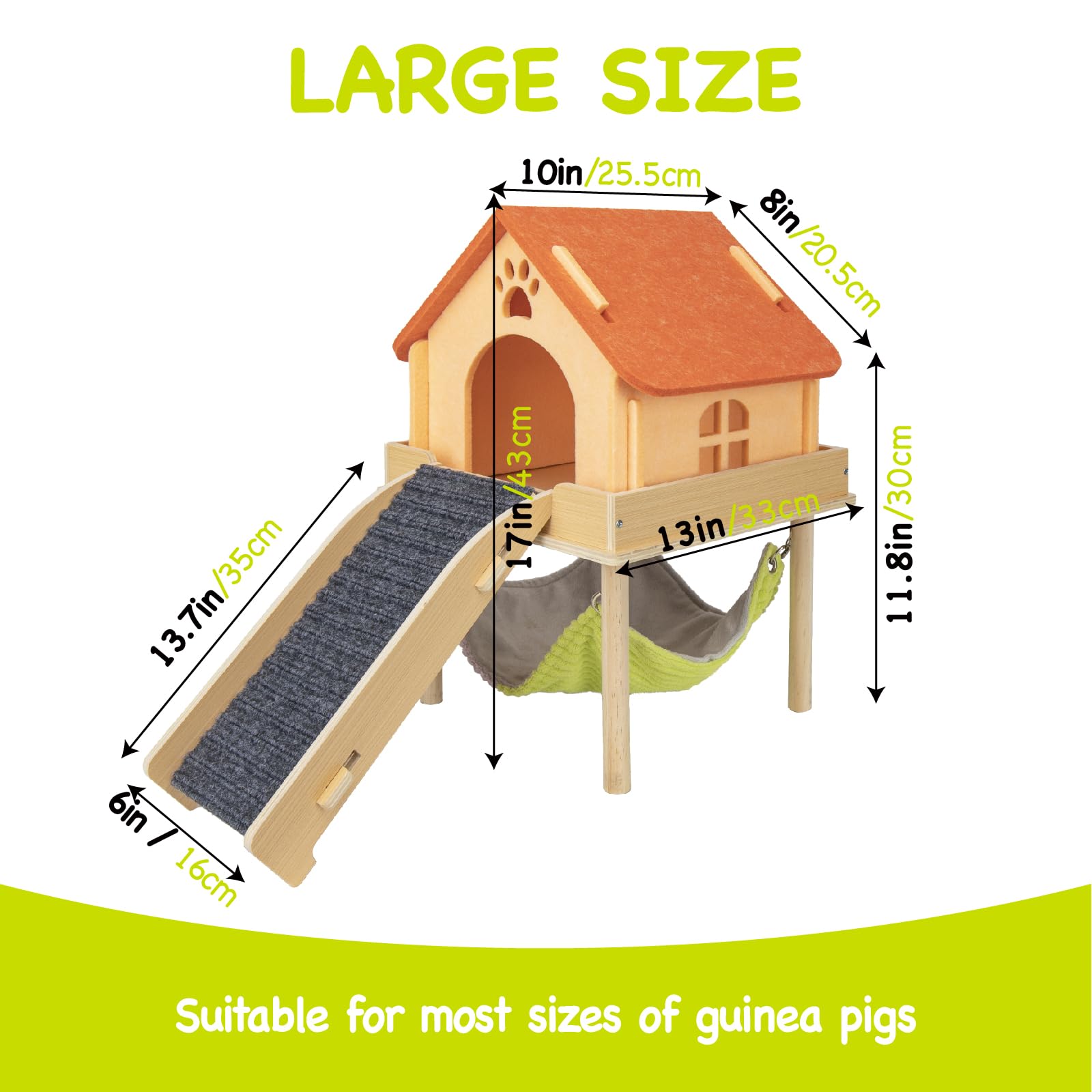 Besnew 3 In 1 Enlarged Guinea Pig Hammock,Wooden Guinea Pig Hideout With House & Platform & Stairs Small Animal Toys For Hiding