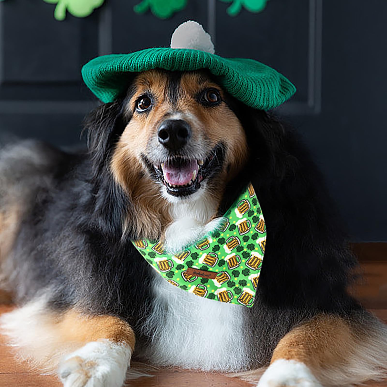Babole Pet St Patricks Day Dog Bandanas 2 Pack, Green Beer Clover & Black Clover Pattern St Patricks Dog Scarf Bib For Boy And G