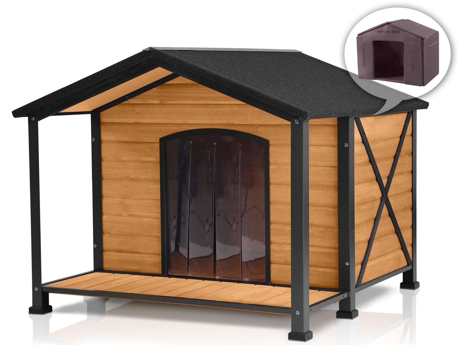Medehoo Insulated Dog House Outdoor - Large All-Around Iron Frame - Fir Wood Construction And Weatherproof- Ideal For All Dog Br