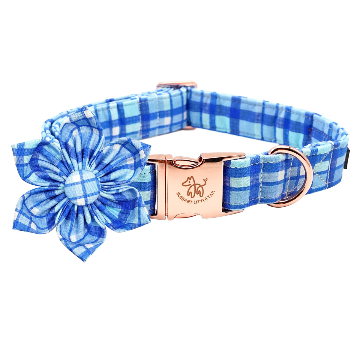 Elegant little tail Dog Collar with Flower - Blue Plaid Dog Collar Cute Flower Collar Adjustable Dog Collar for Small Puppy and 