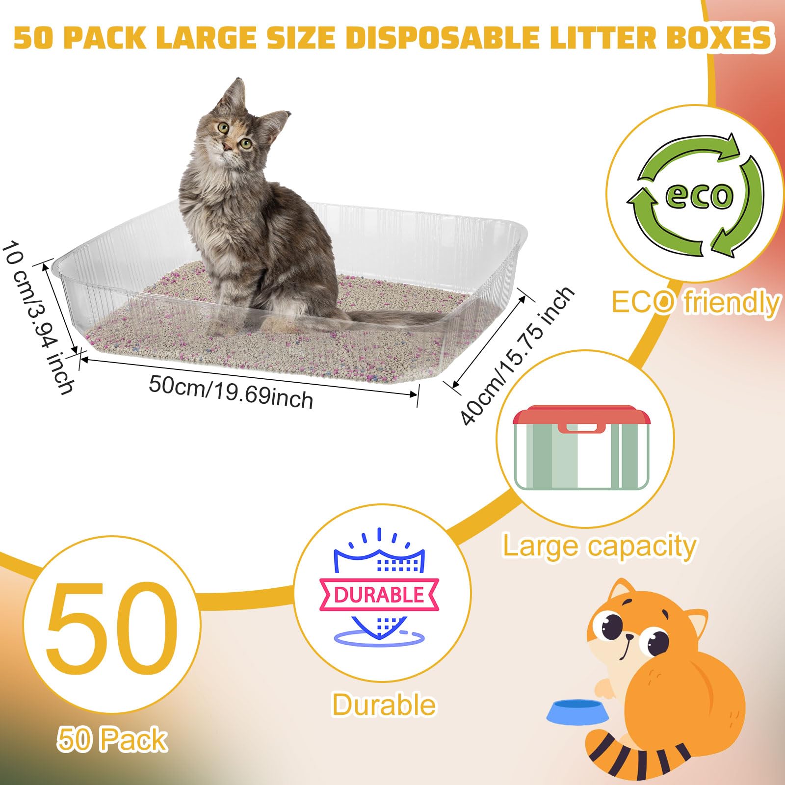 Zubebe 50 Pack Disposable Cat Litter Box For Cats, Large Disposable Kitty Litter Tray Boxes 19.69 X 15.75 X 3.94 Inches Plastic