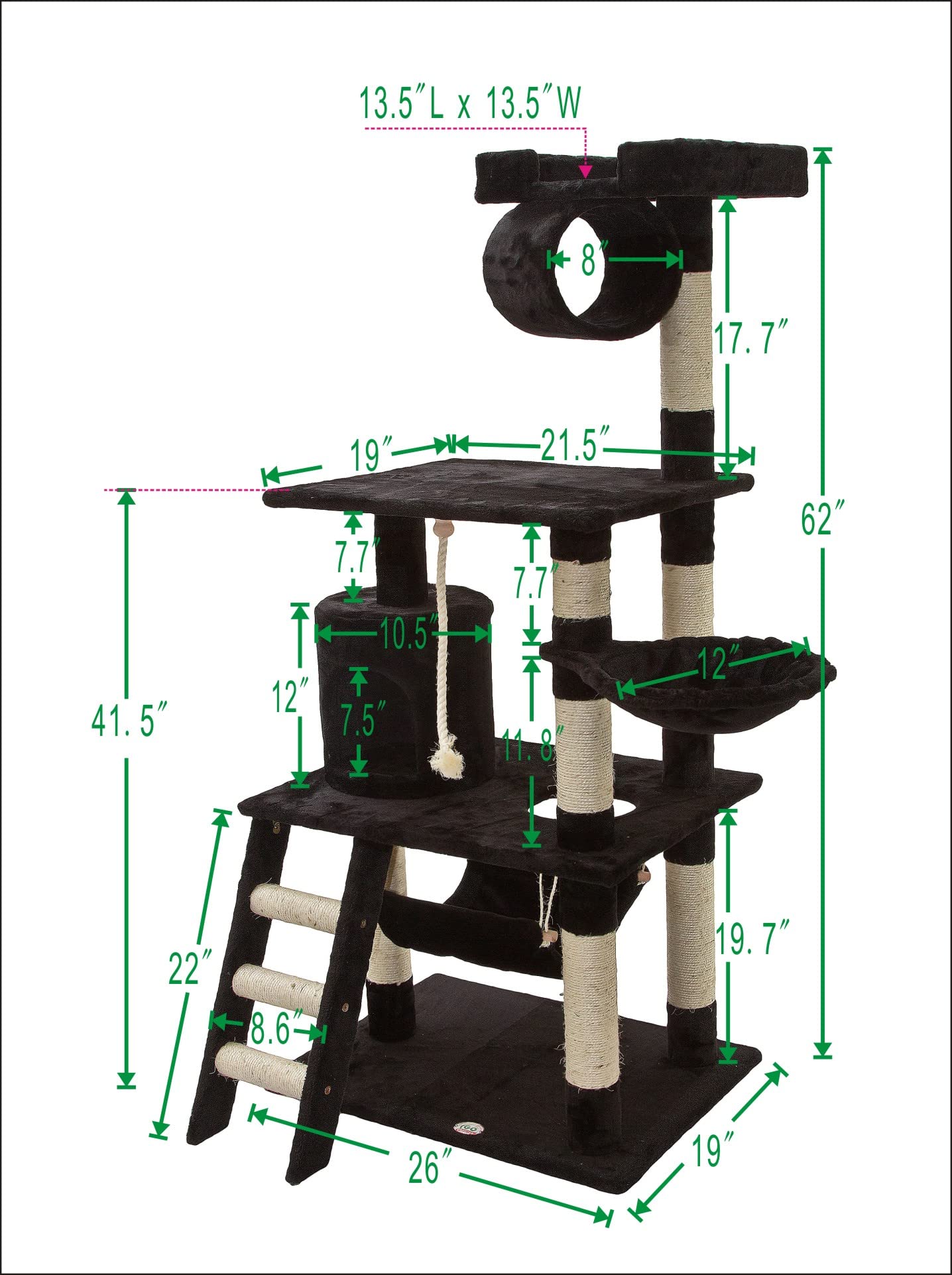 Go Pet Club - 62 Tall Cat Tree - Cat Tower with Scratching Post - Cat Tower for Indoor Cats - Multi-Level Condo, Hammock, Basket