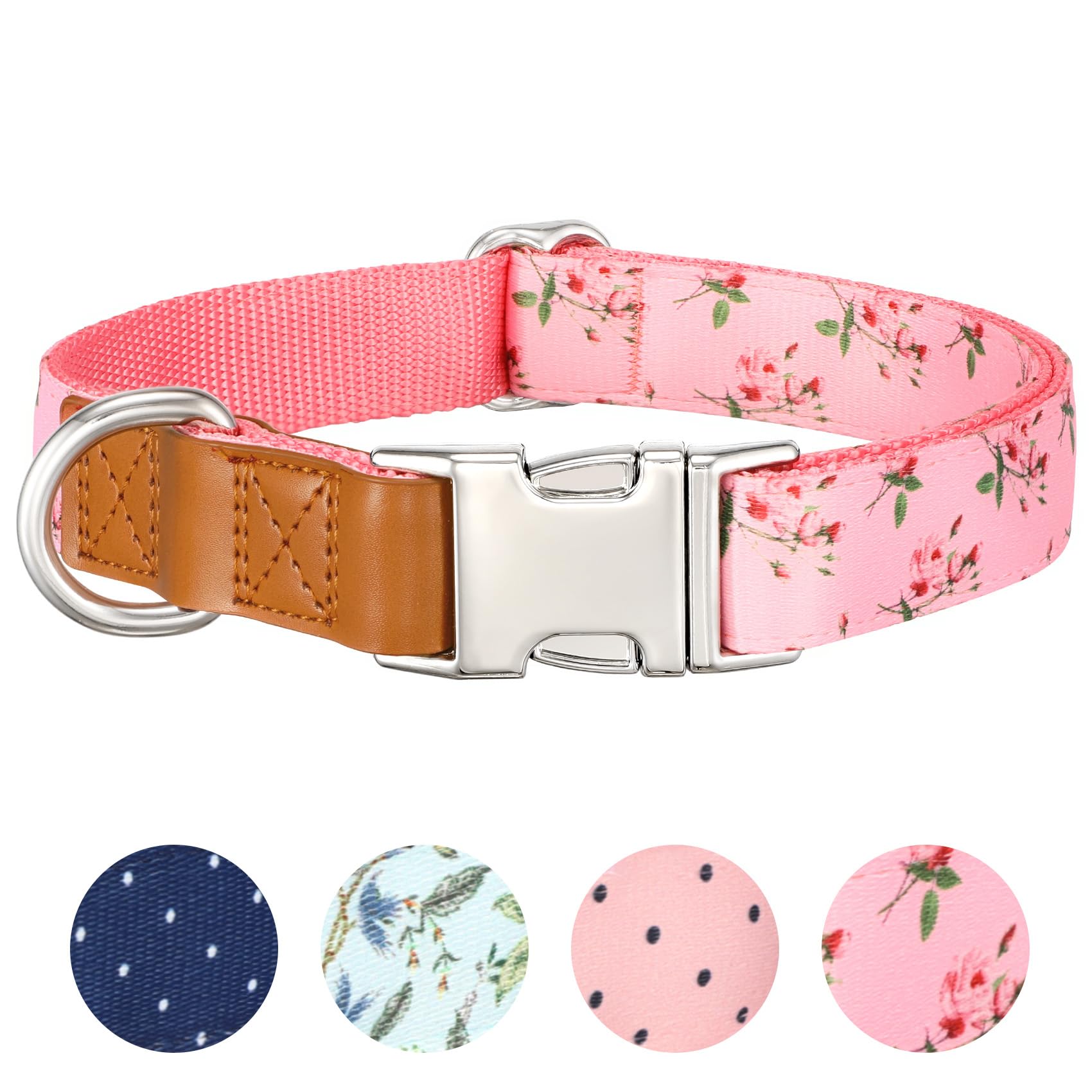 Whippy Floral Dog Collar With Quickly Release Metal Buckle Adjustable Cute Pink Rose Collars For Large Medium Small Breeds