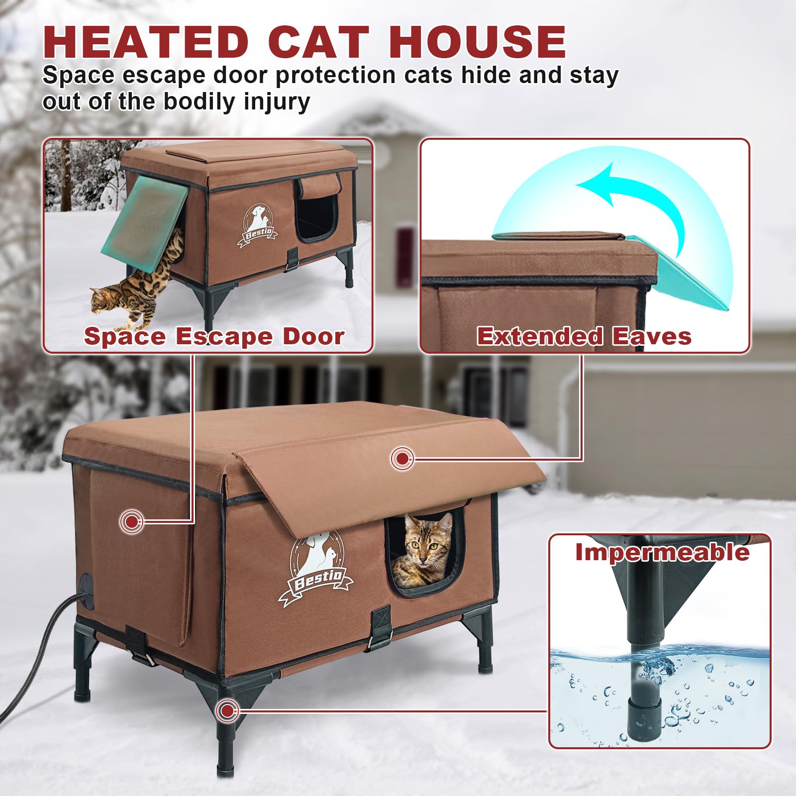 Bestio Heated Cat House For Outside With Pet Heating Pads, Outdoor Cat House Heated Weatherproof For Outside Feral Cat, Insulate