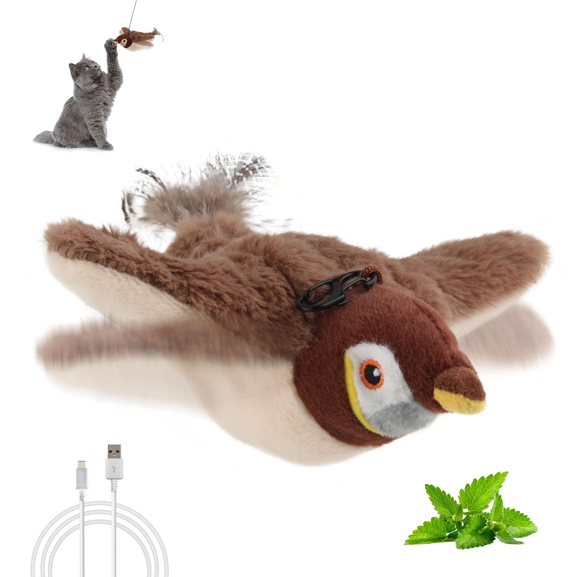 Skipdawg Petgeek Flapping & Chirping Bird Cat Toy For Indoor Cats With Catnip, Usb Rechargeable Motion Activated, Interactive Be