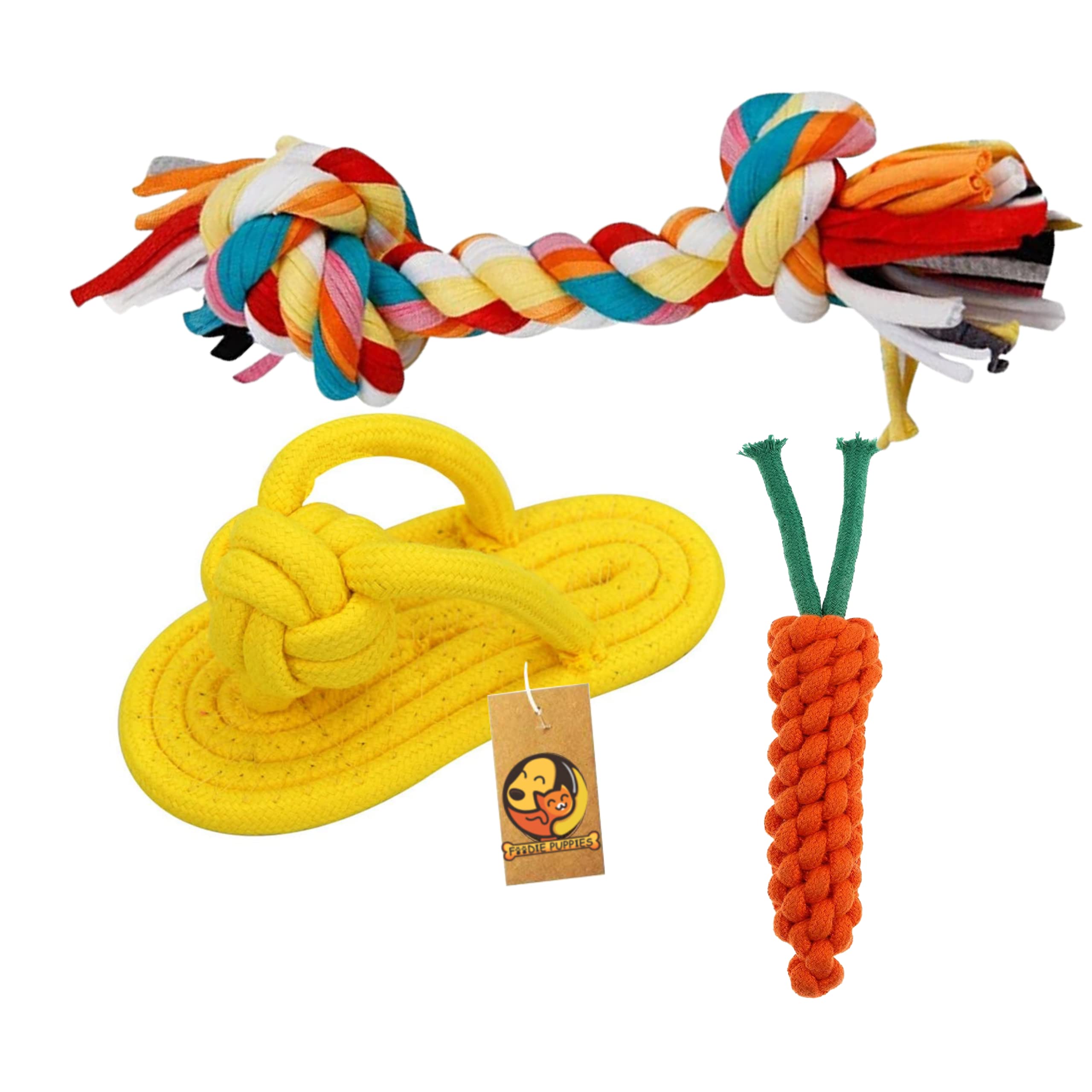 Foodie Puppies 3In1 Cotton Rope Chew Toy Combo For Small Dogs & Puppies | Durable, Safe Braided Rope Toys For Teething, Playin