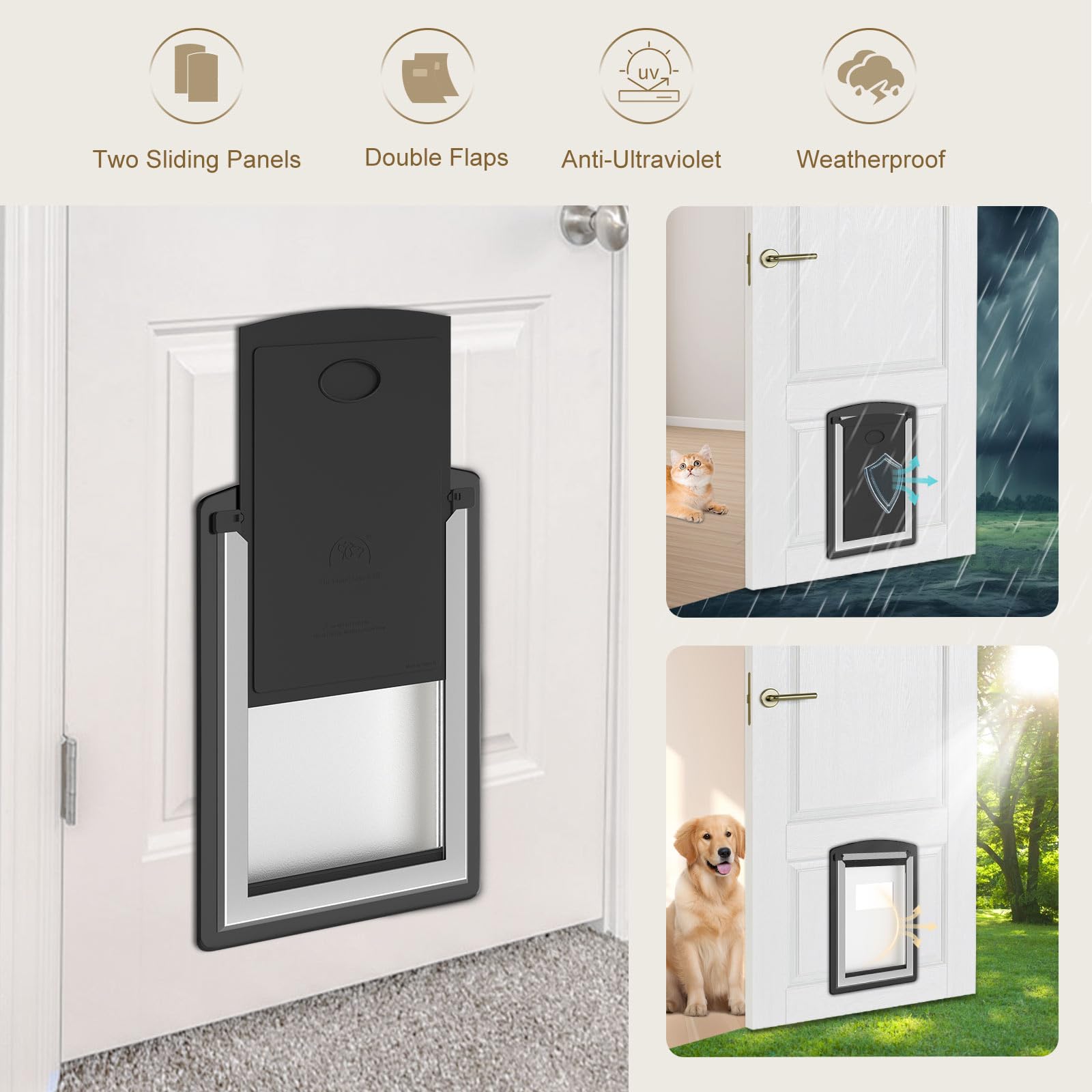 Mavricflex Dog Door For Door - All-Stainless Steel Frame, Weather-Resistant Double Soft Flaps, 2 Sliding Abs Panels For Indoor/O