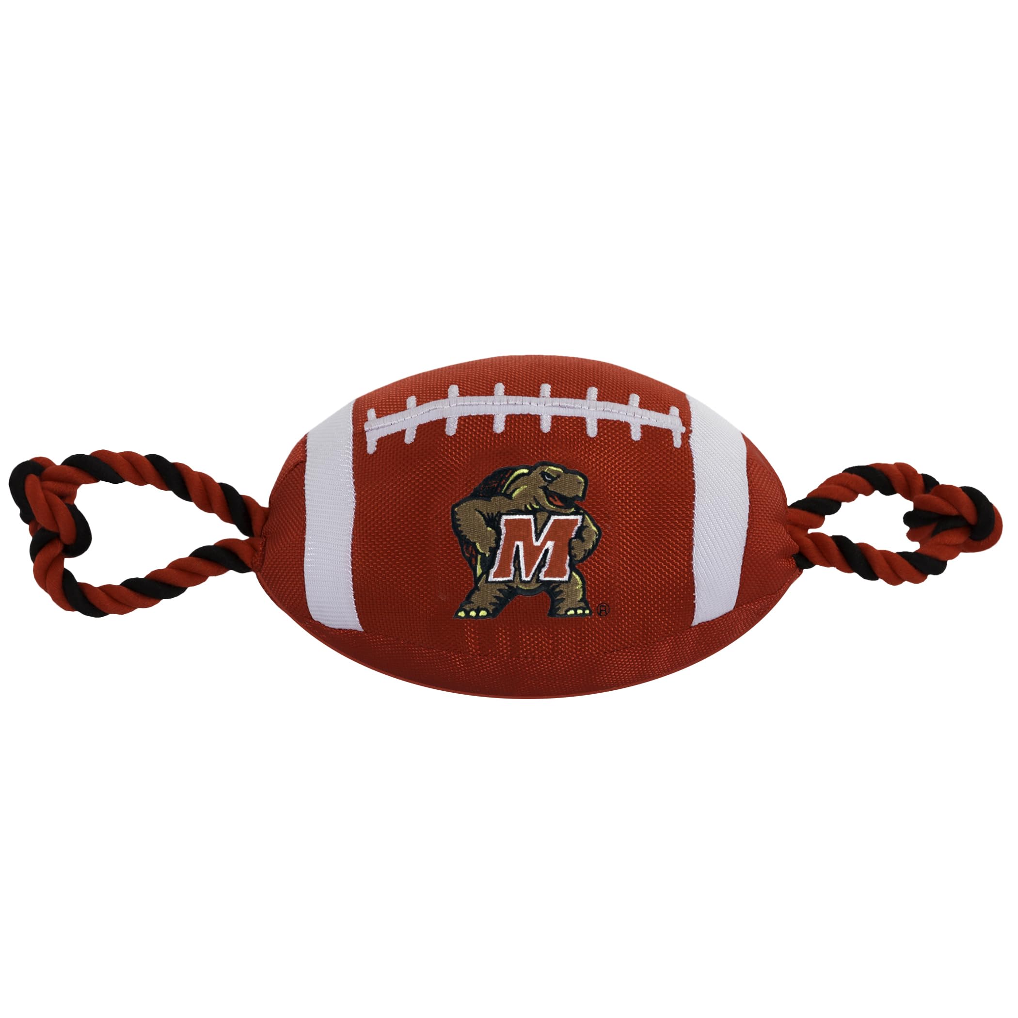 Pets First Maryland Football Dog Toy, Tough Quality Nylon Materials, Strong Pull Ropes, Inner Squeaker, Collegiate Team Color