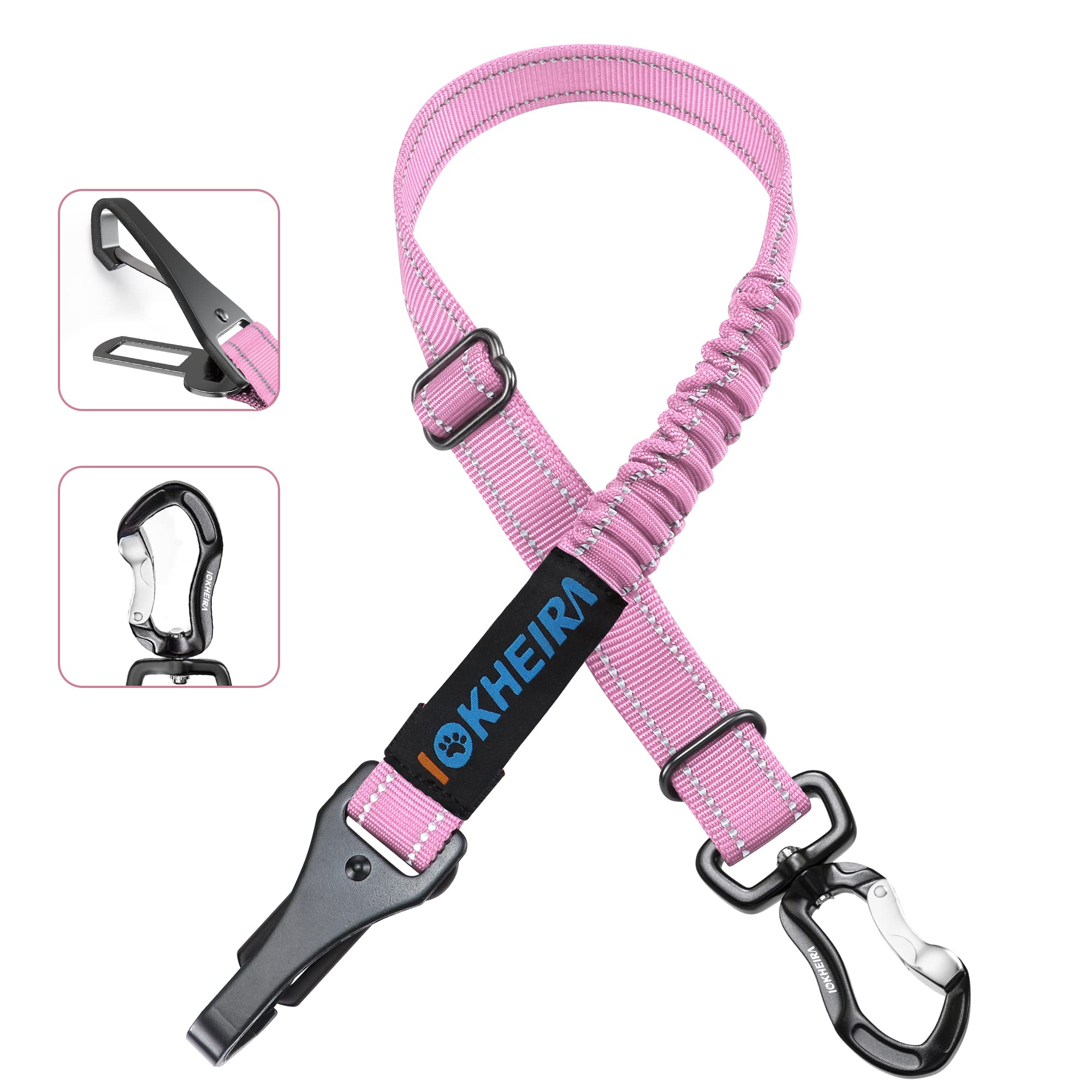 Iokheira Dog Seatbelt - Adjustable Reflective Bungee Harness With Aluminum Swivel Carabiner