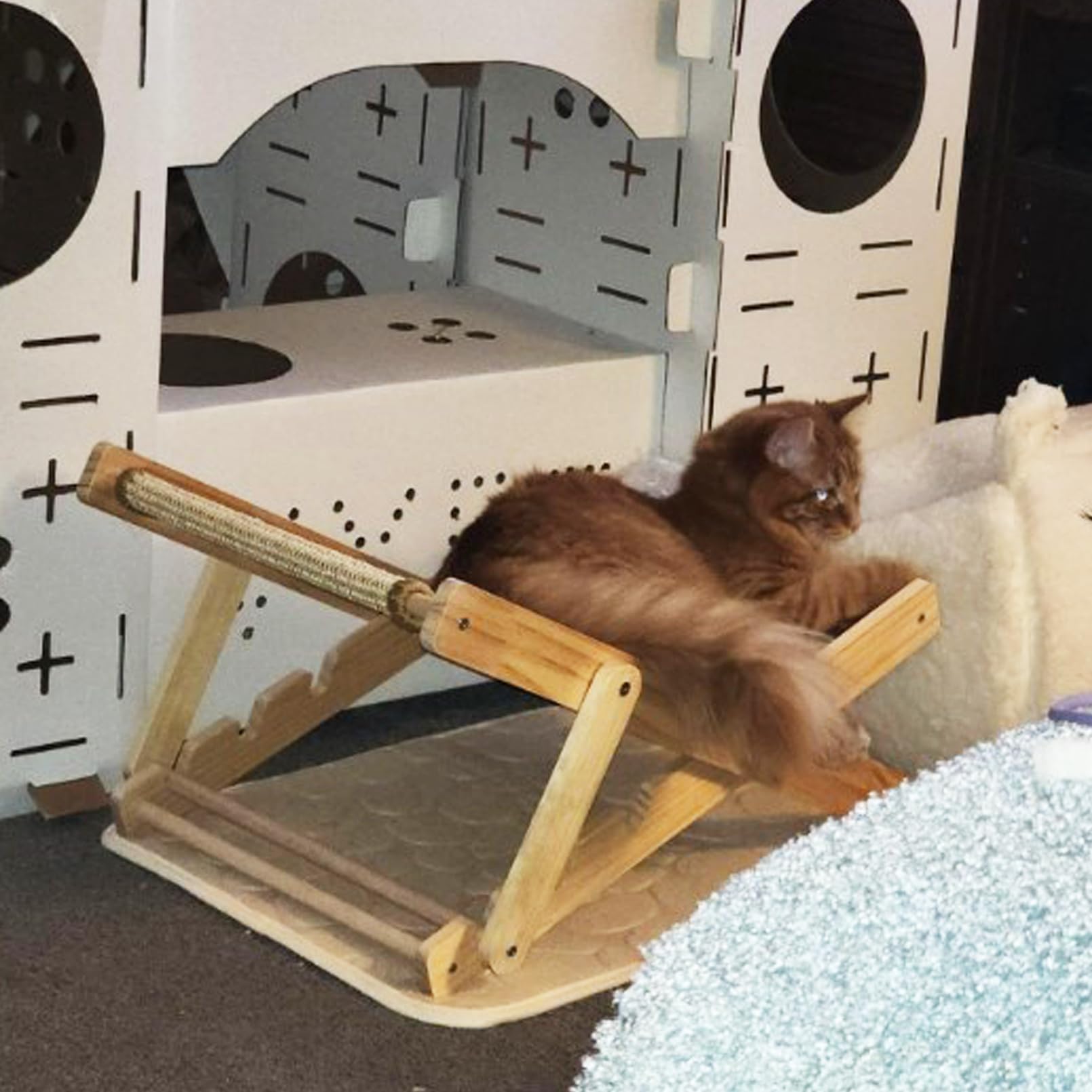 Muyg Sisal Cat Chair For Sunbathing,Adjustable Wooden Cat Lounge Chair With Sisal Mat Scratcher 3 Height Beach Kitty Hammock Bed