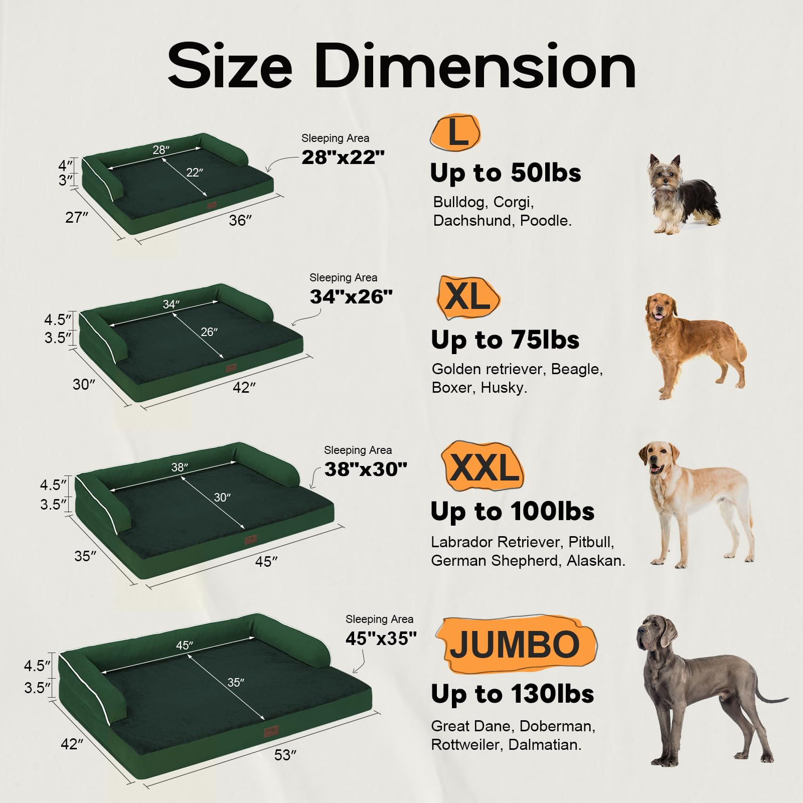 Large Dog Bed Orthopedic Washable - Waterproof Removable Cover - Medium Xlarge Big Dogs - Egg Foam Couch - Emerald Dog Beds Bolster With Sides
