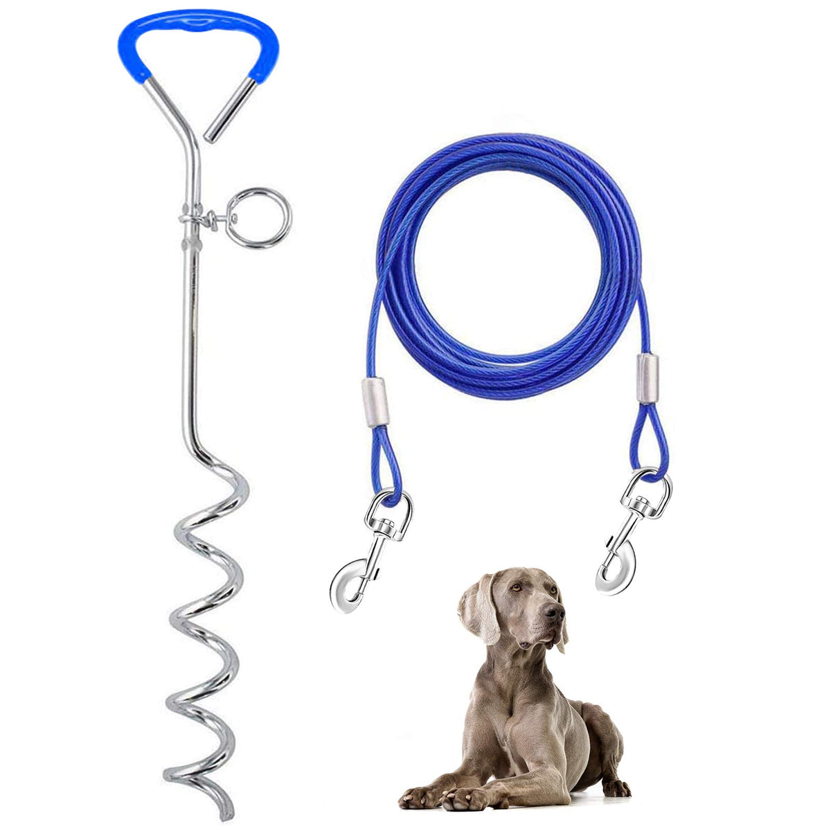 Dog Tie Out Cable And Stake 32/16/10 Ft Outdoor, Yard And Camping, For Medium To Large Dogs Up To 125 Lbs, 16'' Stake, 32/16/10 