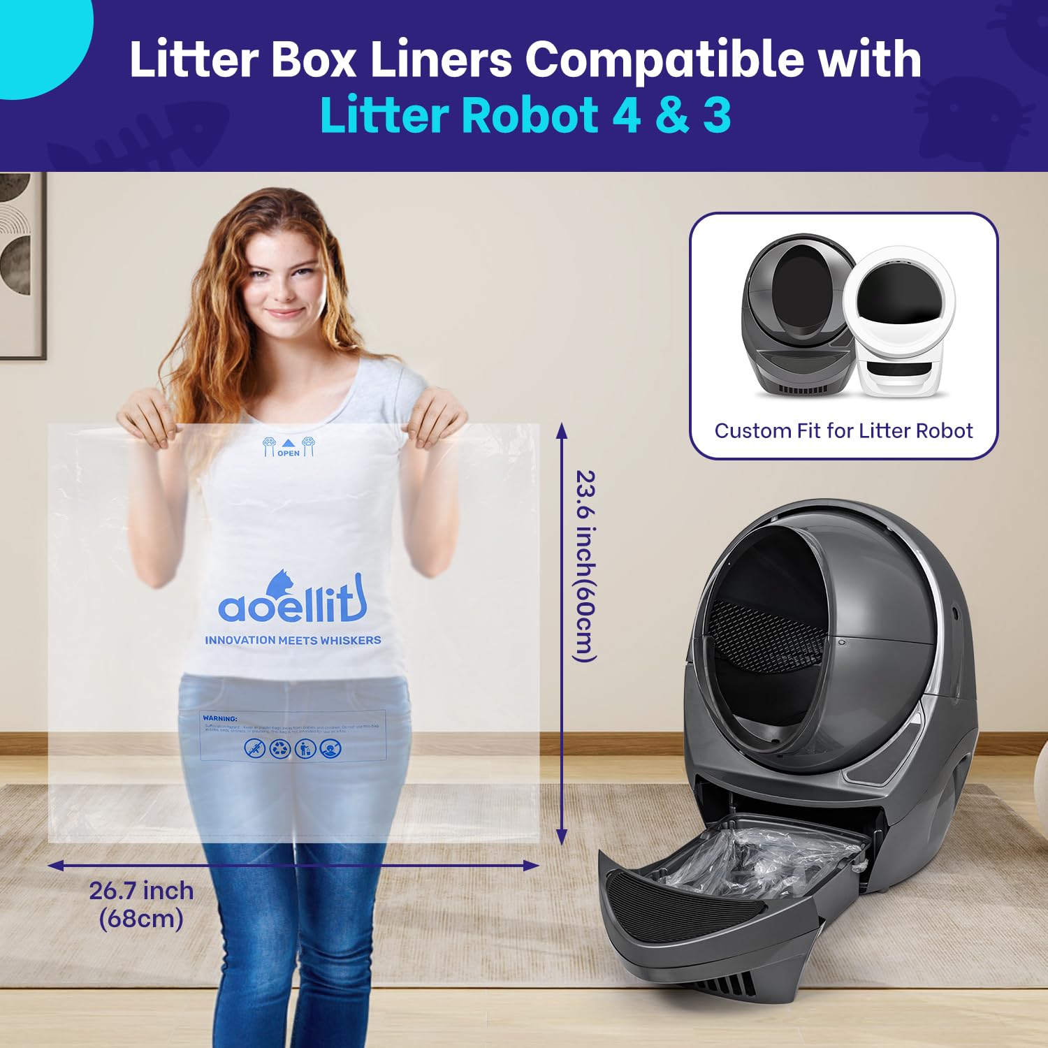 Aoellit 16 Count Litter Box Liners, Litter Robot 4 & 3 Waste Bags, Cat Litter Bags For Self Cleaning Litter Box, Transparent Lit