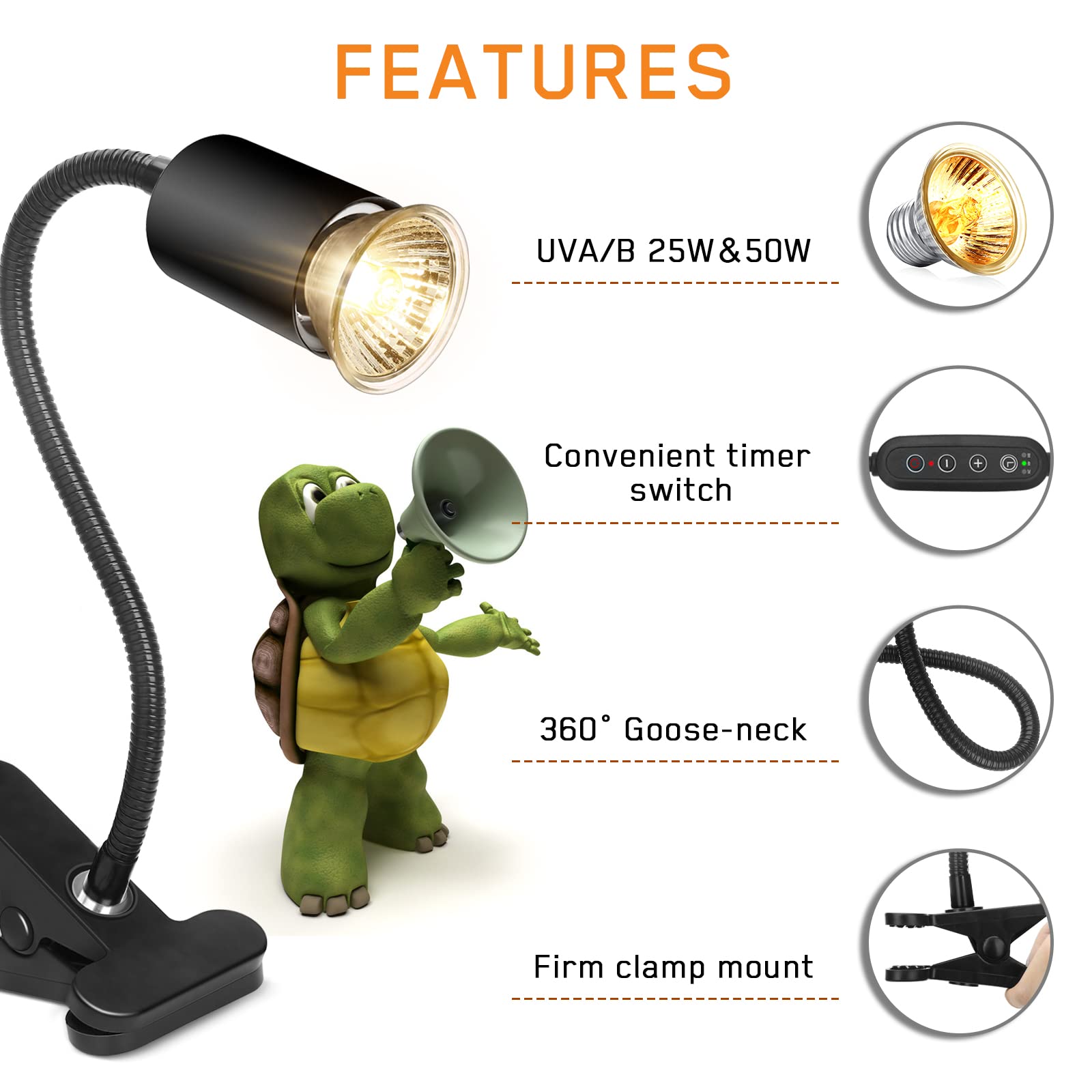 Fischuel Reptile Heat Lamp,Timed Heating Lamp With Clamp, Adjustable Habitat Basking Heat Lamp,Uva/Uvb Light Lamp 360 Rotatable
