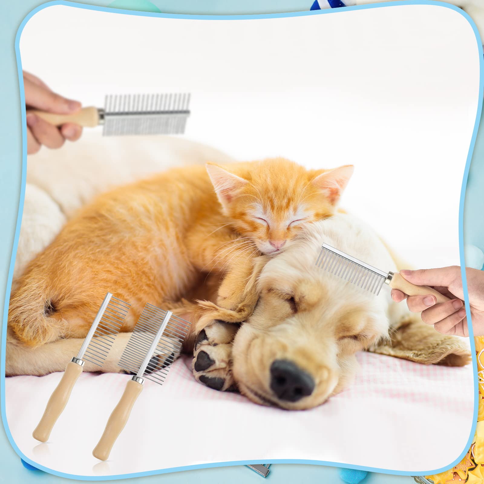 Stainless Steel Pet Grooming Comb Set - 2 Pcs Double-Sided Metal Combs With Wooden Handles For Dogs And Cats, Long And Short Fur, Flea Removal Brush Tool