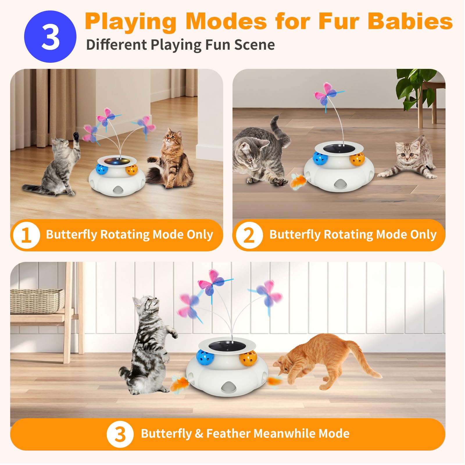 Interactive Cat Toys For Indoor Cats, 3In1 Rechargeable Pet Teaser Toy With Ambush Feather Wand, Fluttering Butterfly And Track