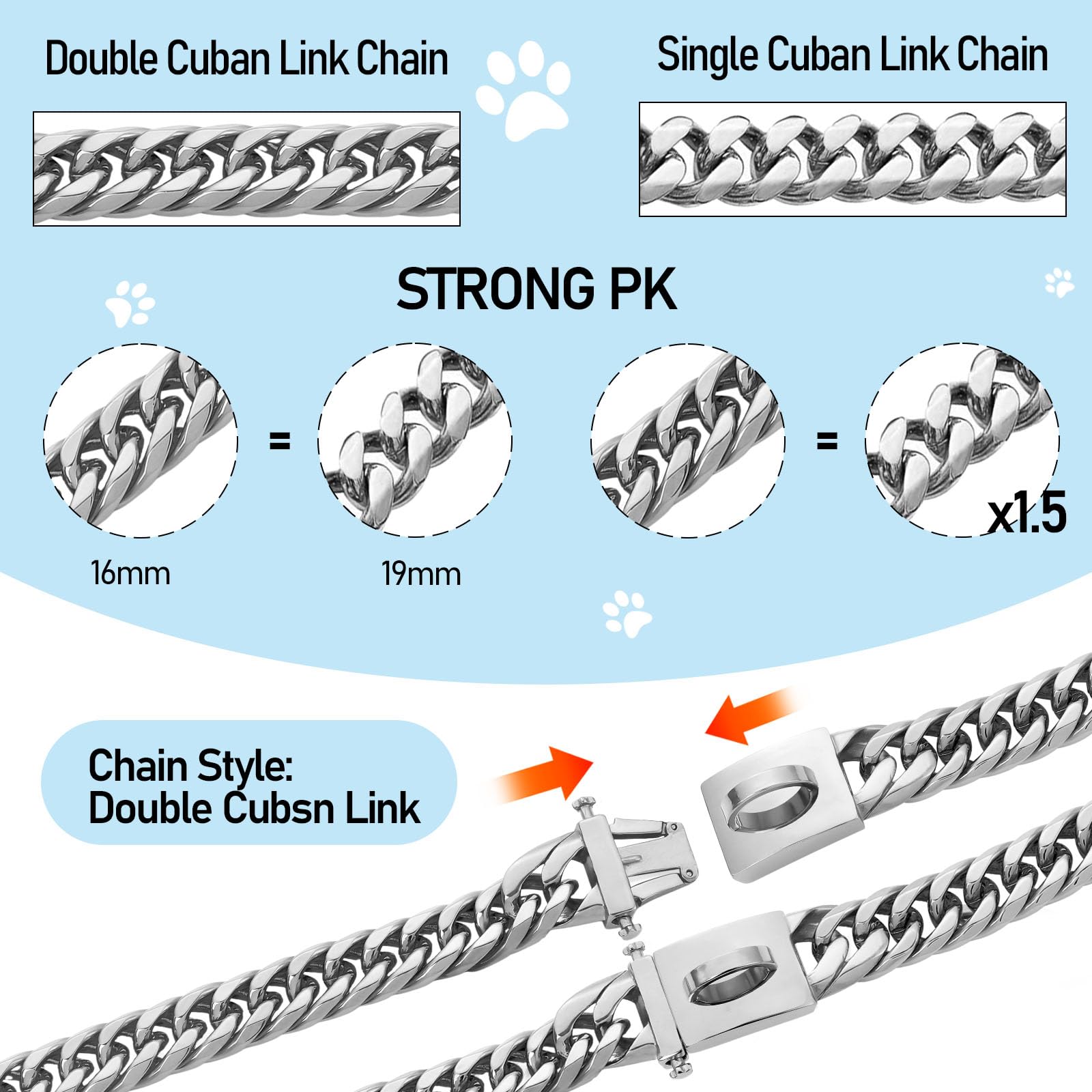 Baobote Silver Chain Dog Collar,16Mm 18K Silver Heavy Duty Cuban Link Collar With Secure Snap Buckle Silver Dog Chain Metal Coll