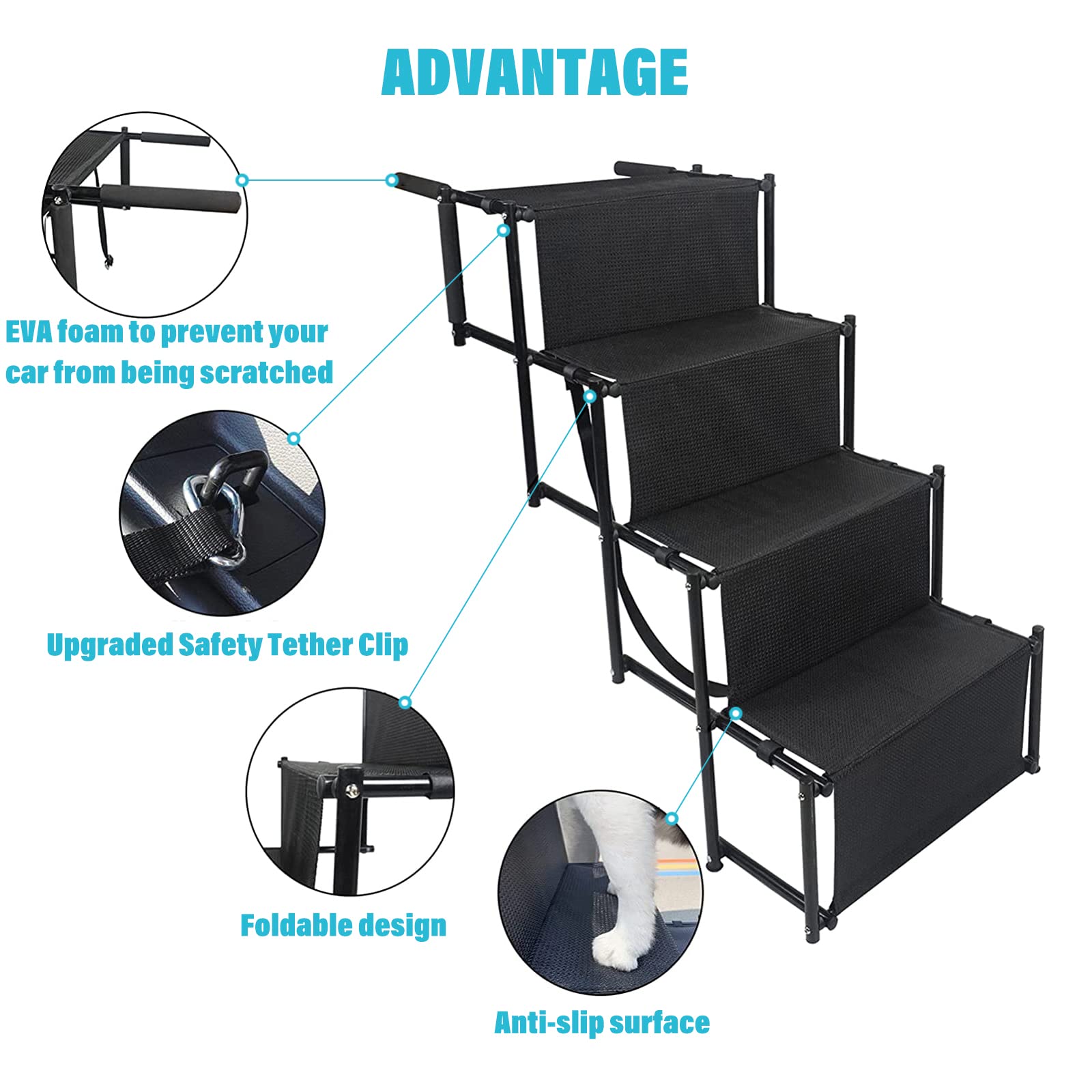 Bounabay Upgraded Dog Stairs Ramp, Foldable 4 Steps Nonslip Pet Ramp For Medium And Large Dog, Made Of Metal Frame And Waterproof Cloth, Loads Up To 150 Lbs, Suitable For High Beds, Trucks And Suv