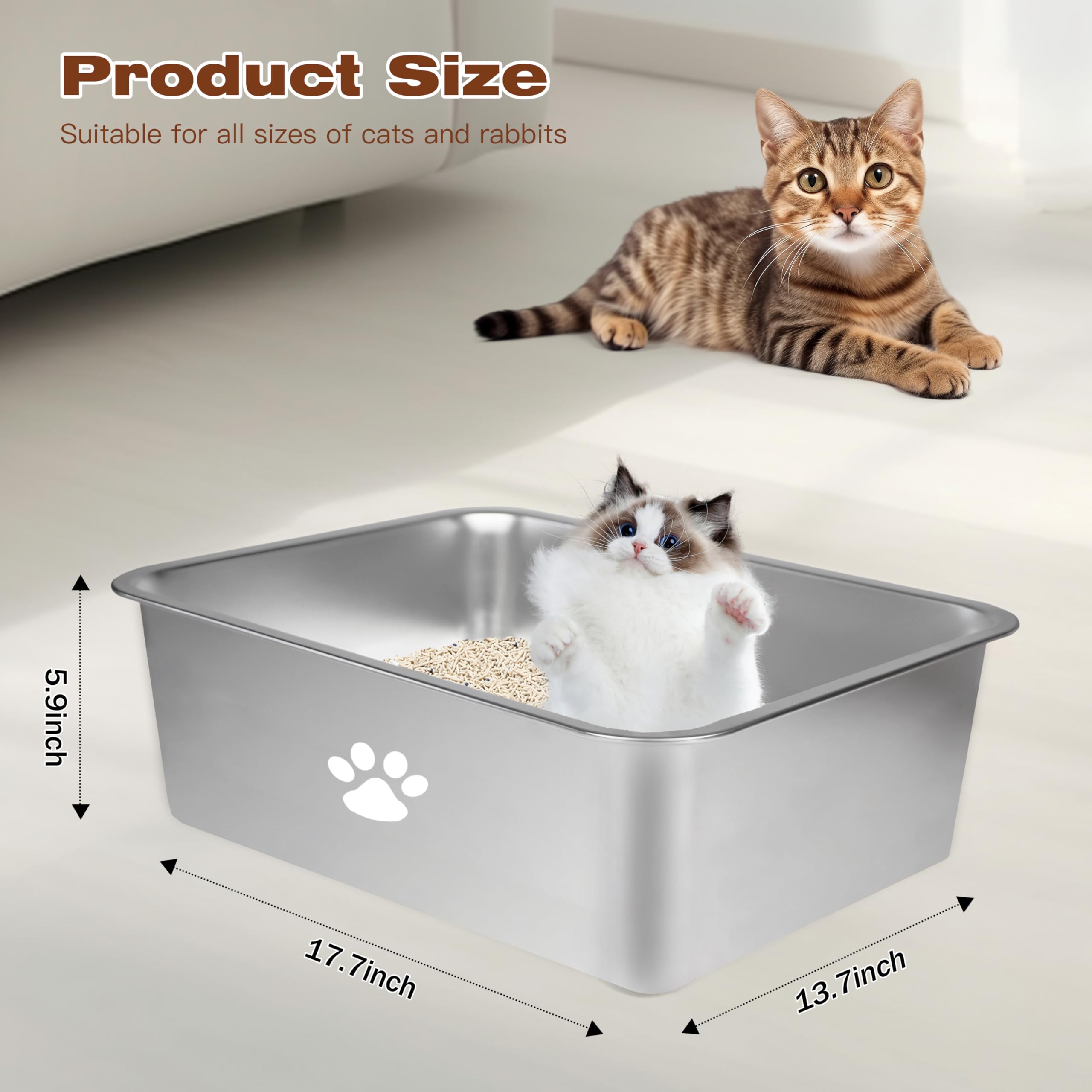 Stainless Steel Cat Litter Box - Metal High Sided Cat Litter Pan,Large Stainless Steel Box,Smooth Surface,Rust Proof,Non-Stick,
