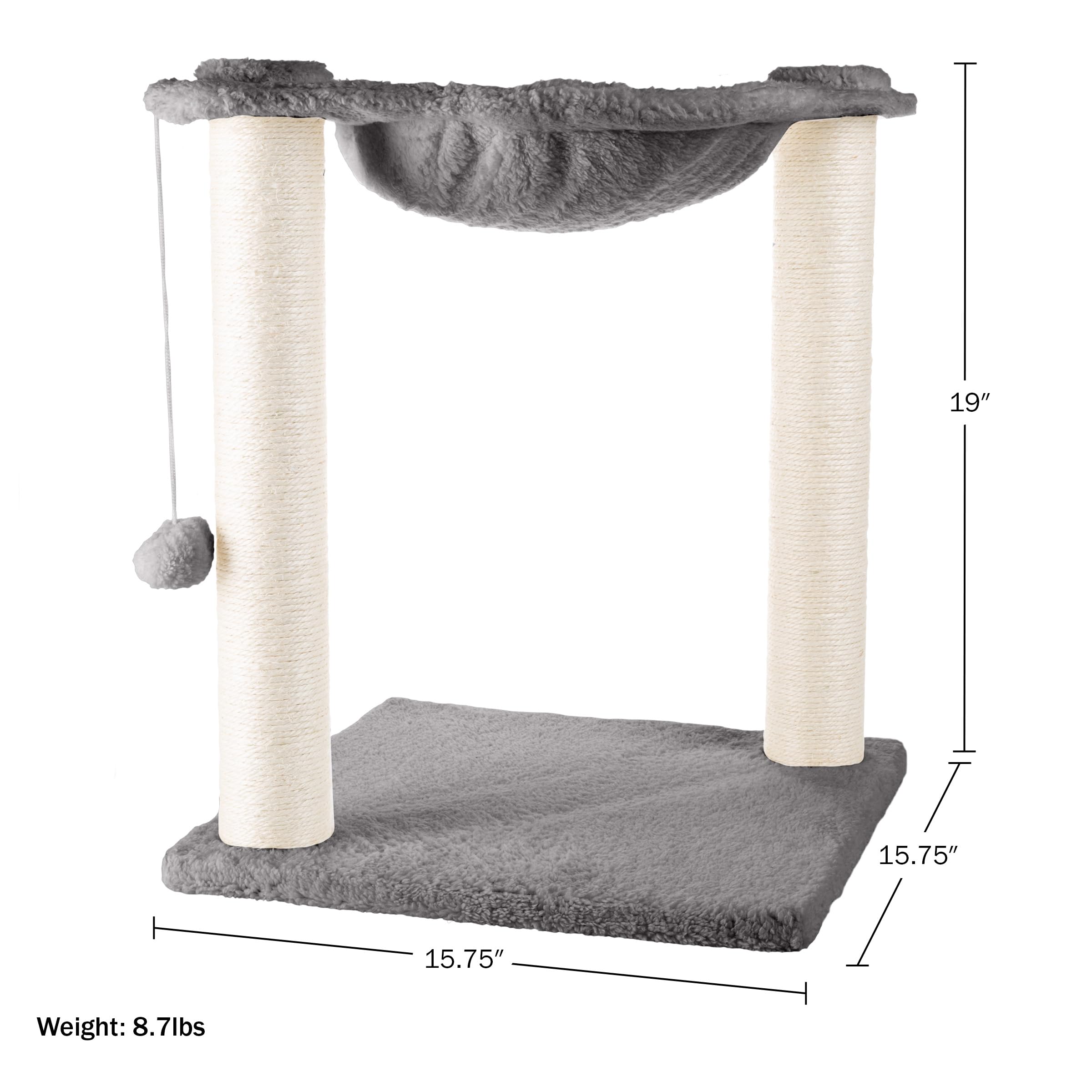 Cat Hammock With Scratching Posts For Indoor Cats - 19-Inch-Tall Cat Tree With Hanging Ball Toy For Adult Cats And Kittens By Pe
