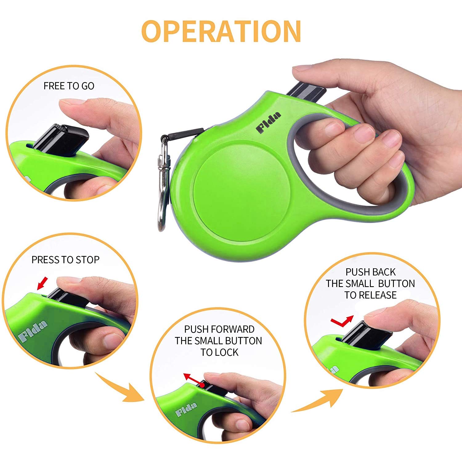 Fida Retractable Dog Leash, 16Ft Heavy Duty Pet Walking Leash For Medium Dog Or Cat Up To 44 Lbs, Tangle Free. One-Hand Brake (Medium, Green)