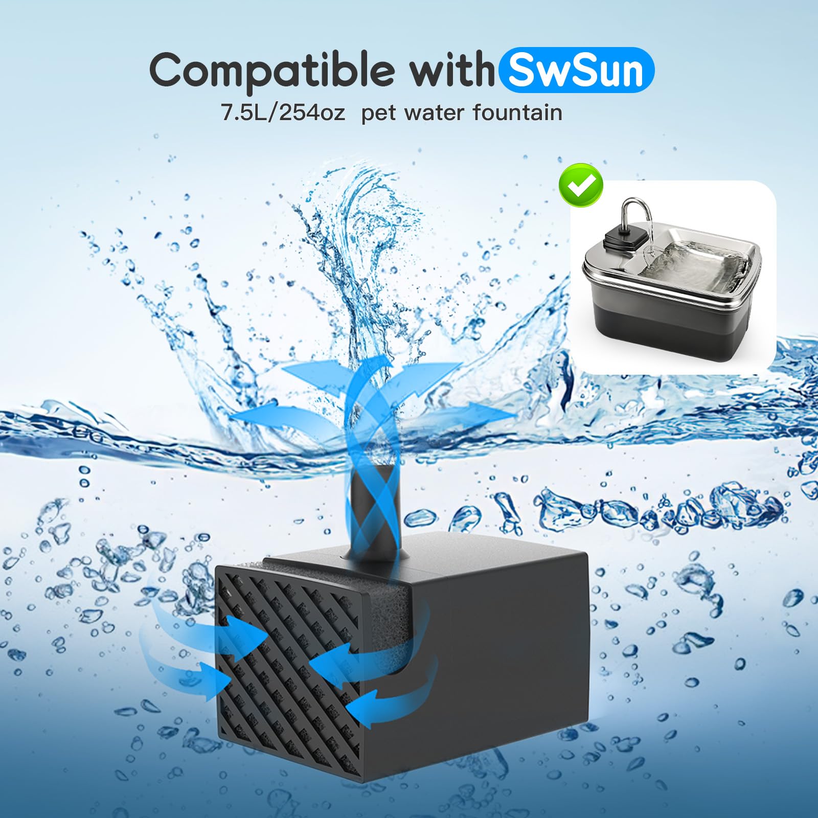 Dog Water Fountain Pump Replacement, Water Pump For Swsun 7.5L/254Oz Pet Water Fountain, Super Quiet Pump For Dog Water Bowl Dis