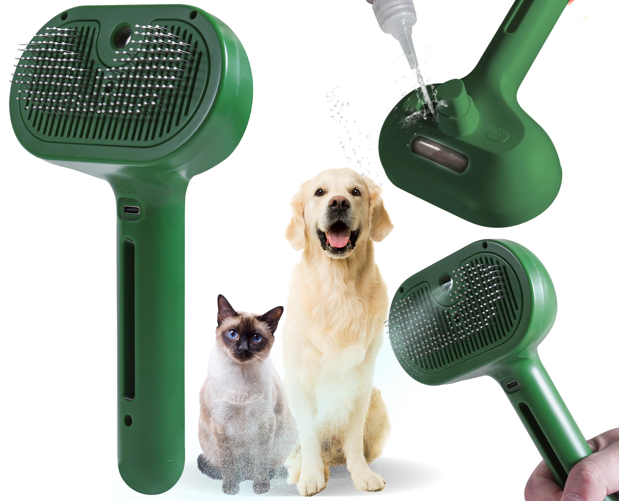Cat/Dog Deshedding Brush With Water Spray And Steamer - Grooming Tool For Shedding Hair Removal (Christmas Green)