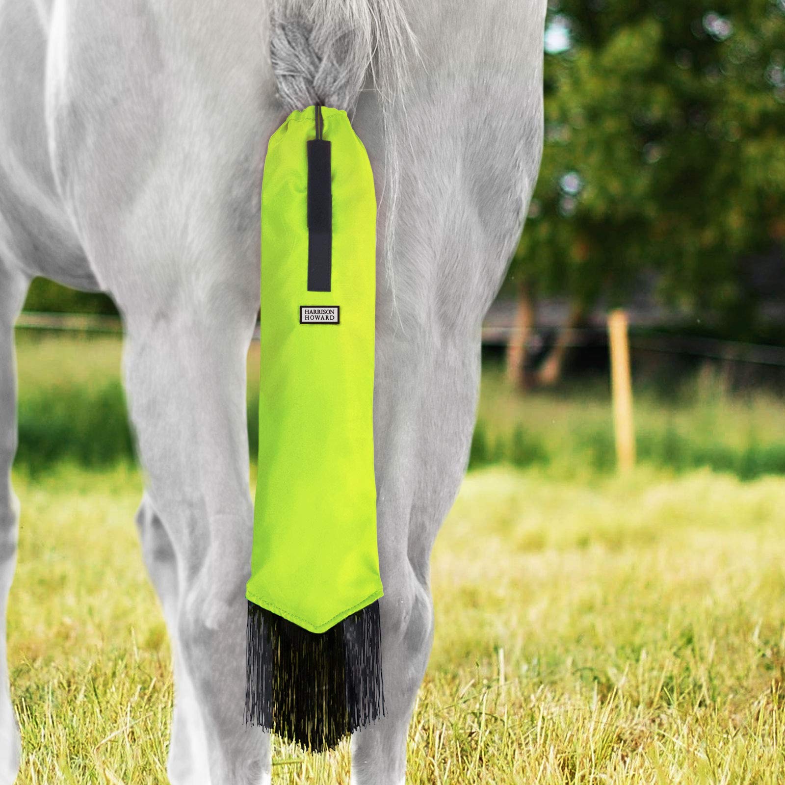 Harrison Howard Smooth Lightweight Adjustable Fastener Nylon Horse Tail Bag With Fringe-Fluorescent Green