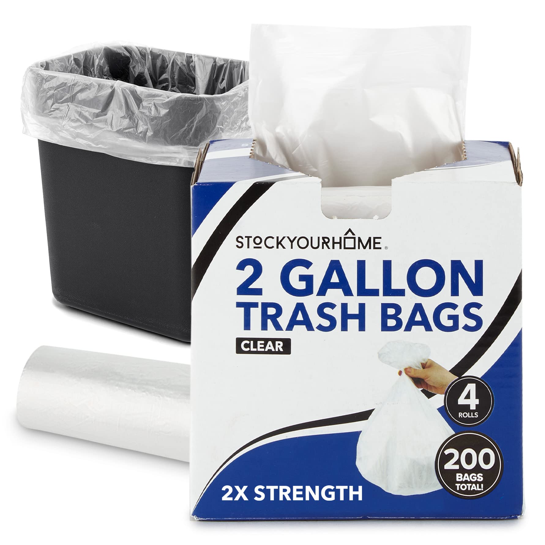 Stock Your Home Clear 2 Gallon Trash Bags, 200 Pack, Un-Scented Plastic Liners for Bathroom, Office, and Dog Waste