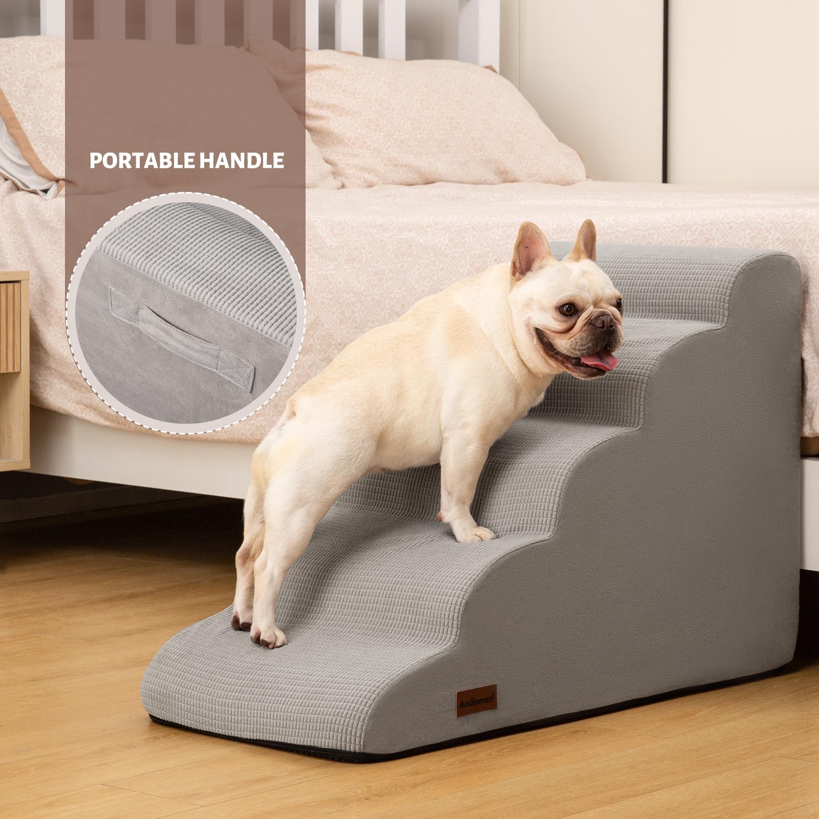 Aodisman 5-Step Dog Stairs and Ramp for High Bed, Non-Slip Sturdy Pet Steps for Small Dogs and Cats,22.2 H,Light Grey