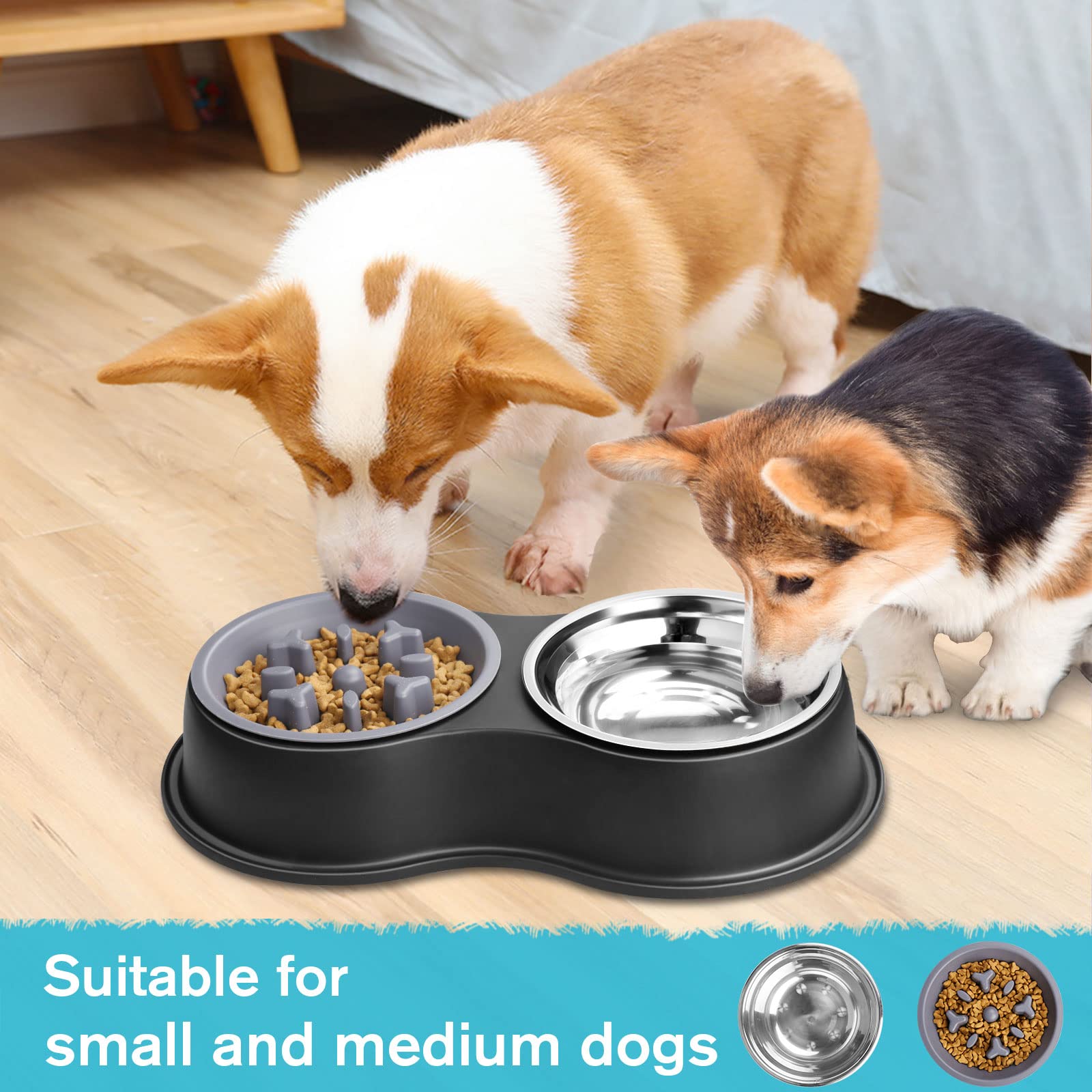 Dog Bowls Double Dog Water and Food Bowls Stainless Steel Bowls with Non-Slip Resin Station, Pet Feeder Bowls for Puppy Medium D