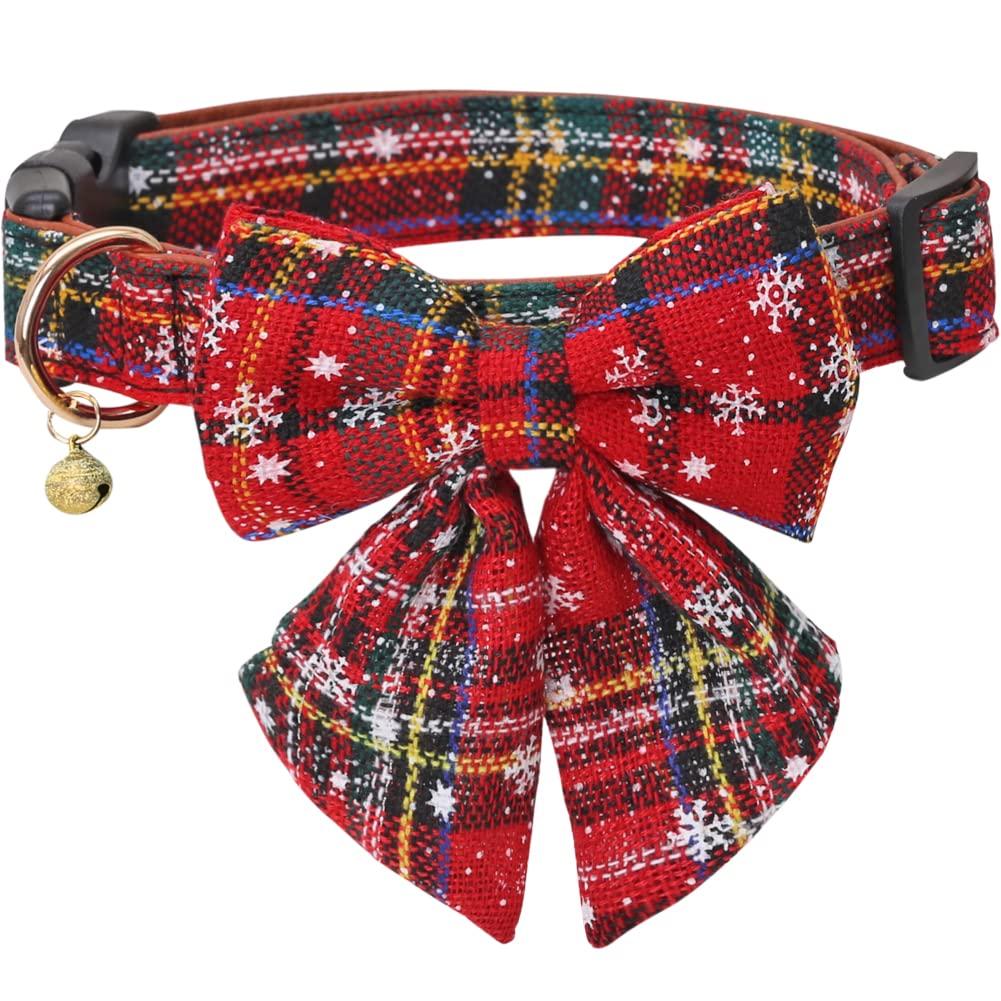Christmas Dog Collar Snowflake Classic Plaid Adjustable With Cute Bow Tie And Bells