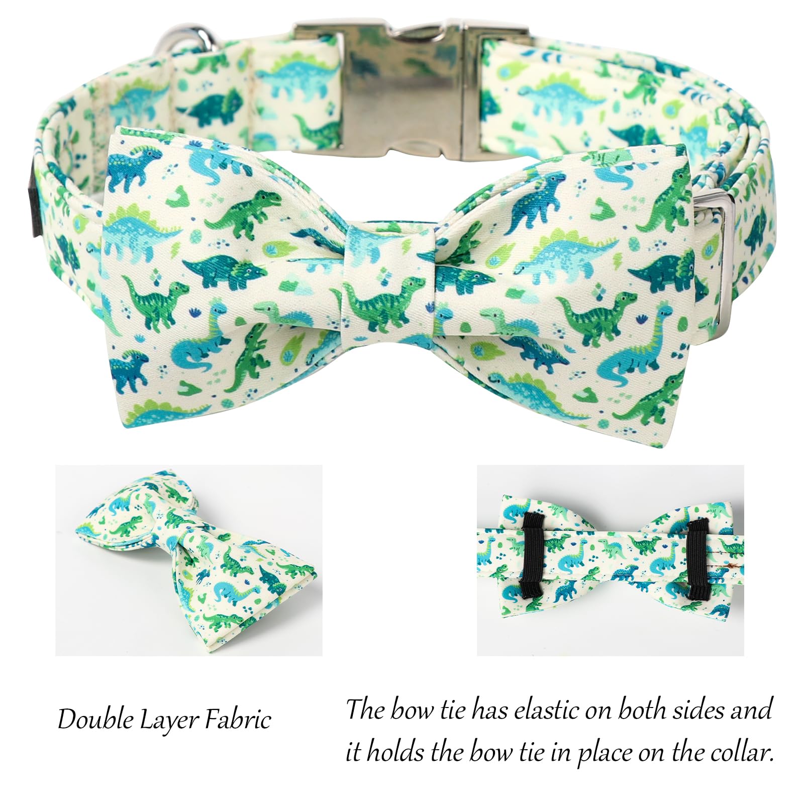 Lionet Paws Dinosaur Dog Collar With Bowtie, Cute Summer Beige Dog Collar For Girl For Medium Dogs, Adjustable Cotton Pet Collar