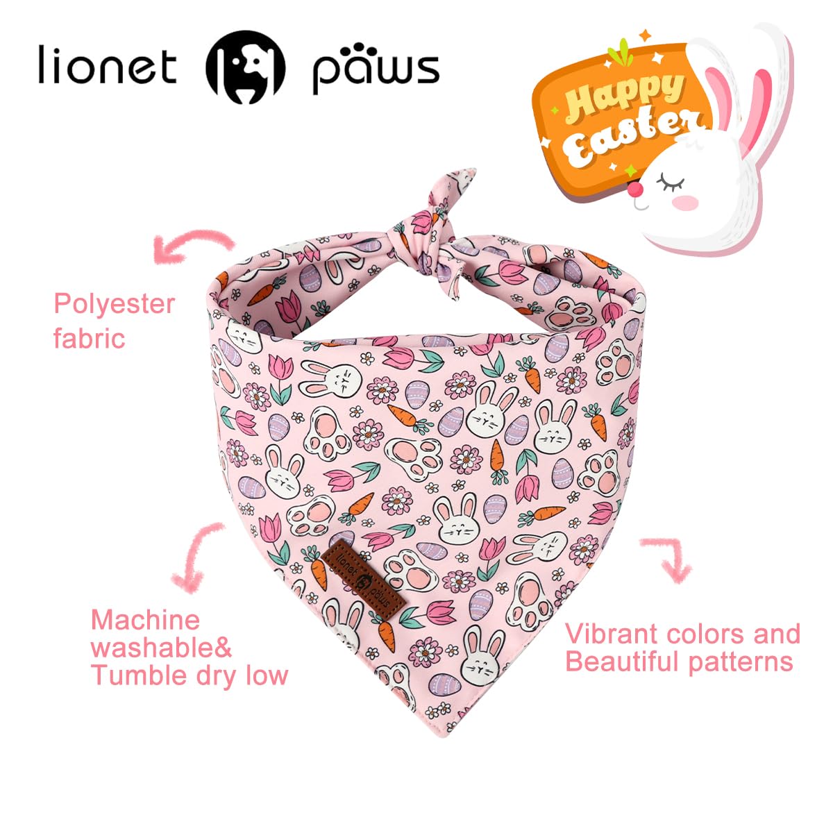 Lionet Paws Easter 2Pcs Dog Bandanas, Pink Rabbit Dog Scarf Bib Premium Fabric,Cute Rabbit Claw Flower Bandanas For Small Medium