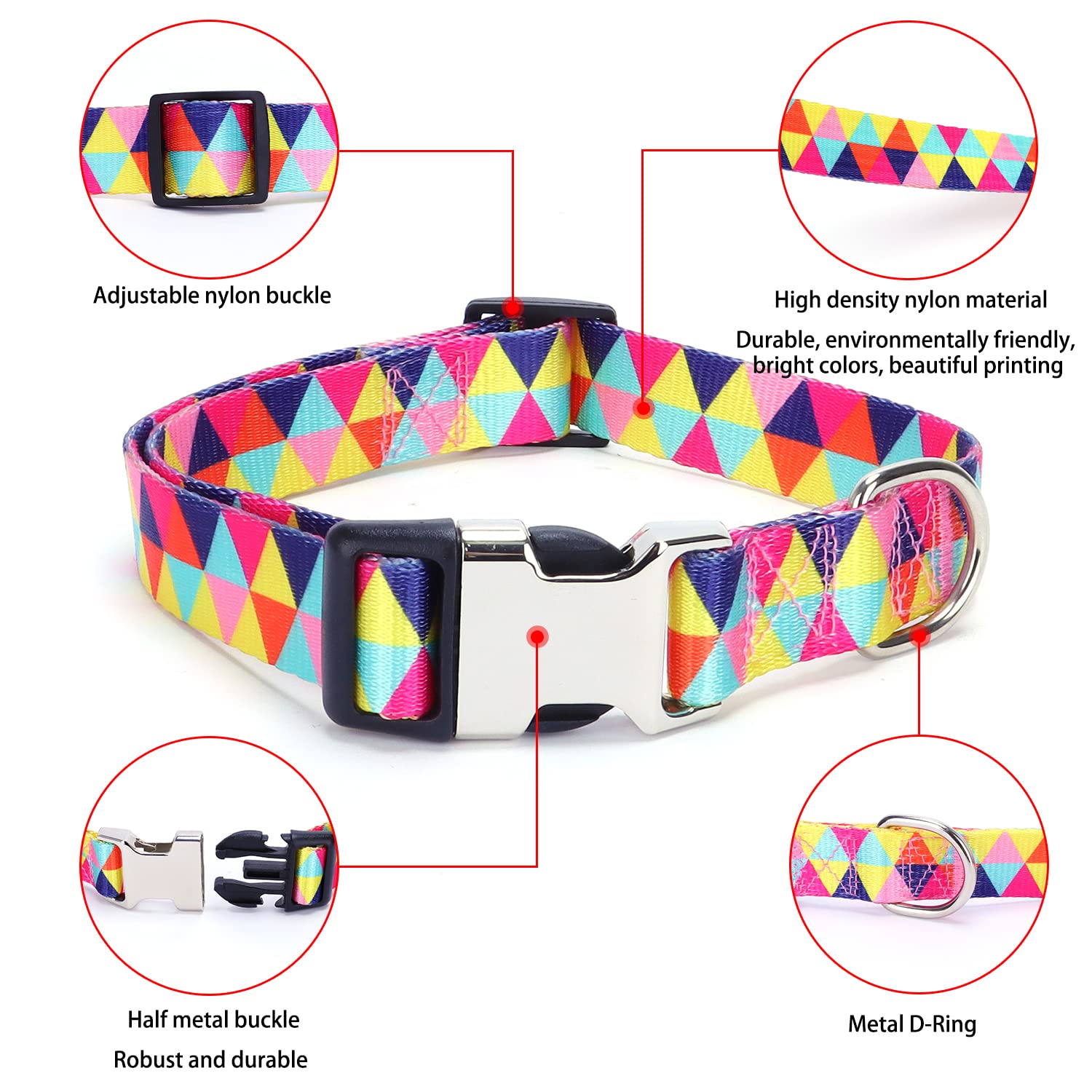 Female Dog Collars For Medium Dogs, Pretty Colorful Geometric Triangles Pattern Print Dog Collar Metal Durable Buckle Girl Puppy