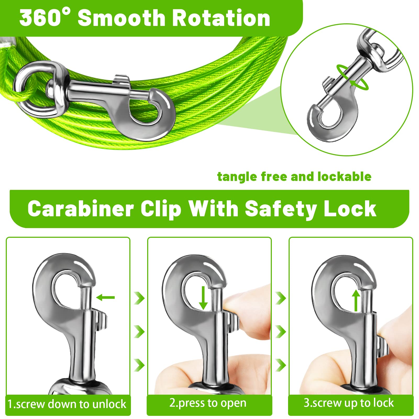 HaiYUAN Dog Tie Out Cable, 15FT Steel Wire Runner for Large Dogs Up to 165 lbs, Durable Clips, Green
