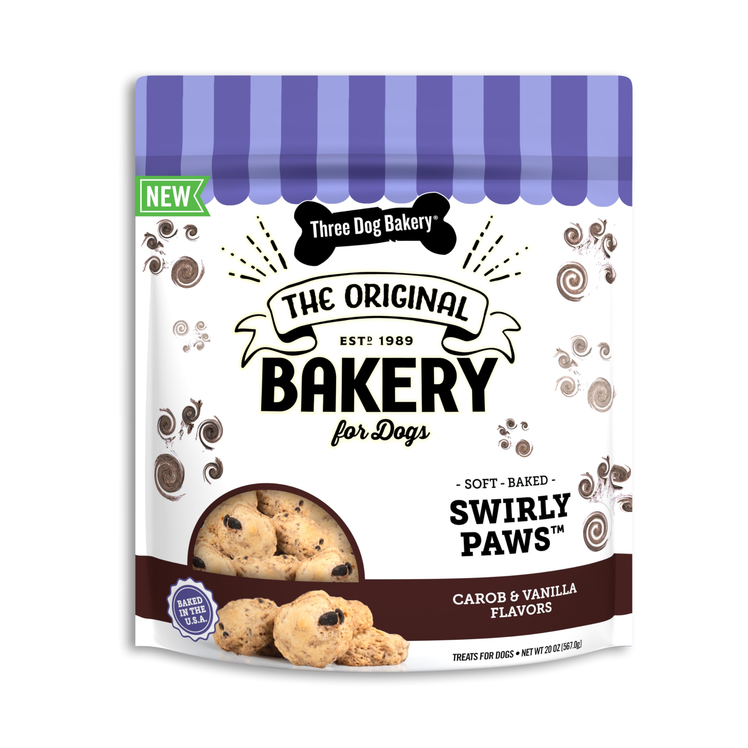 Three Dog Bakery Swirly Paws  Dog Treat Cookies with Carob Chip & Vanilla, SoftBaked Puppy Training Treats, Dog Biscuits, Dog