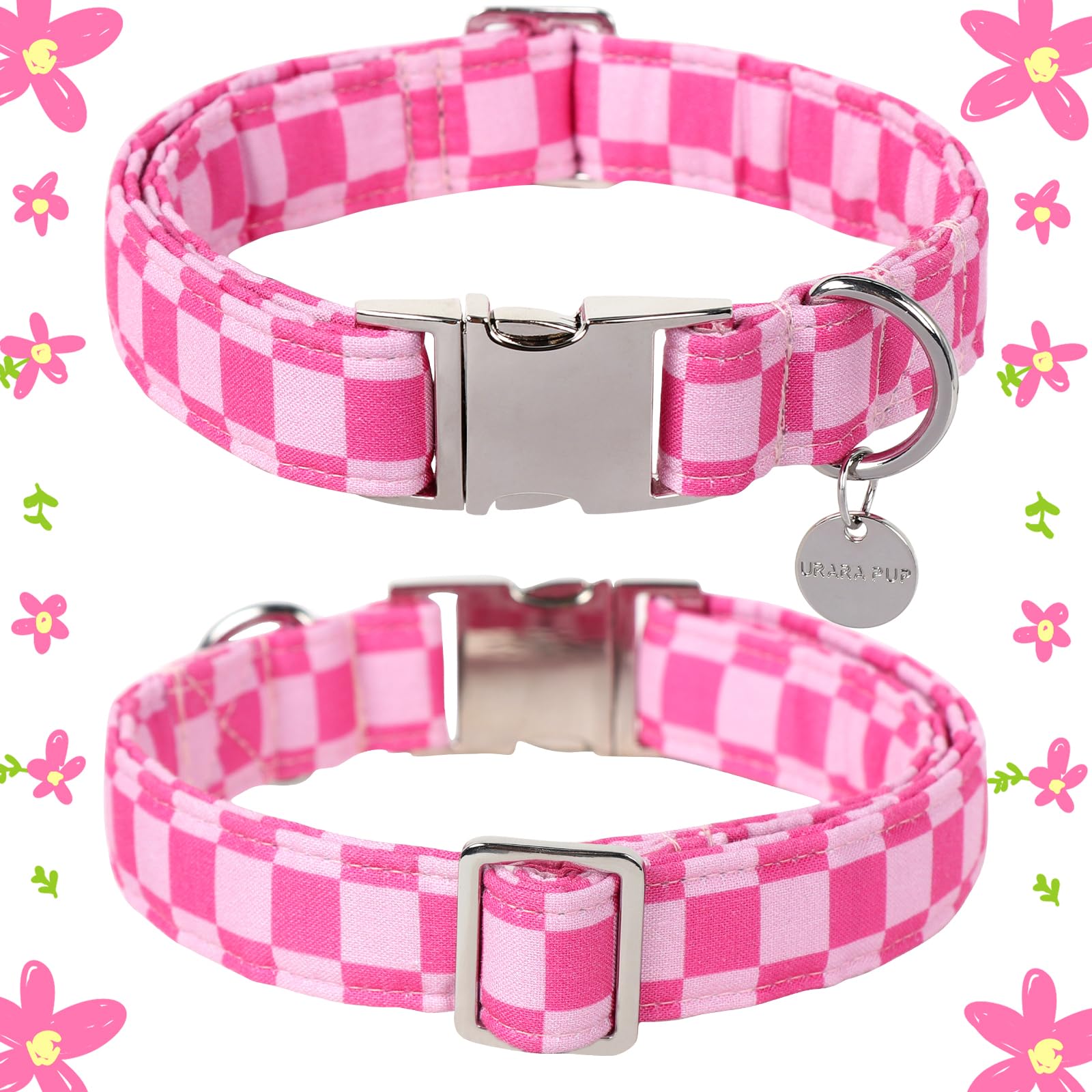 Up Urara Pup Dog Collar For Summer,Cute Pink Plaid Dog Collar,Cotton Puppy Collar With Adjustable Metal Buckle For Small,Medium,