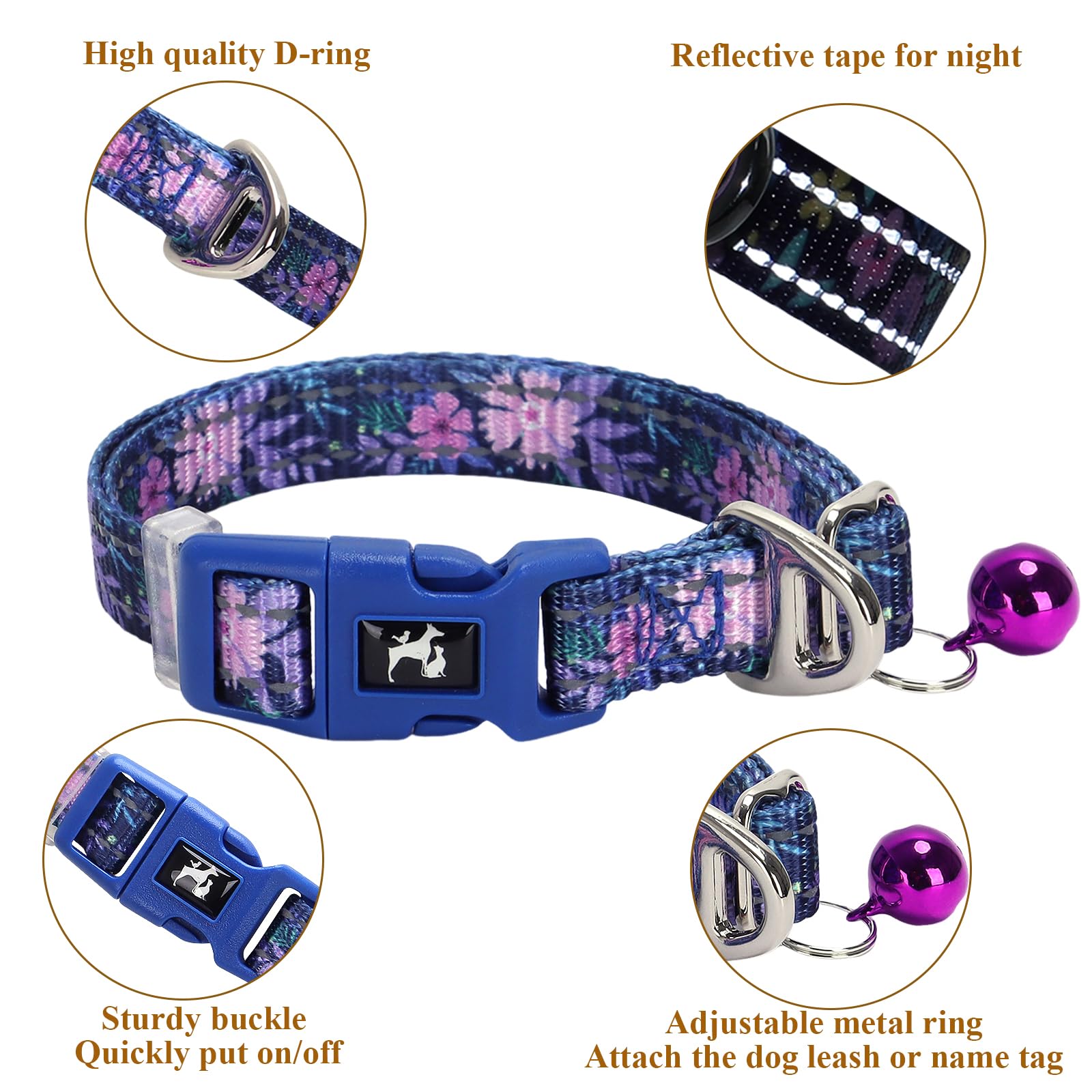 Floral Puppy Collar With Bell - Adjustable Flower Print Dog Collar For Small Dogs, Reflective Soft Comfort Collar For Chihuahua,
