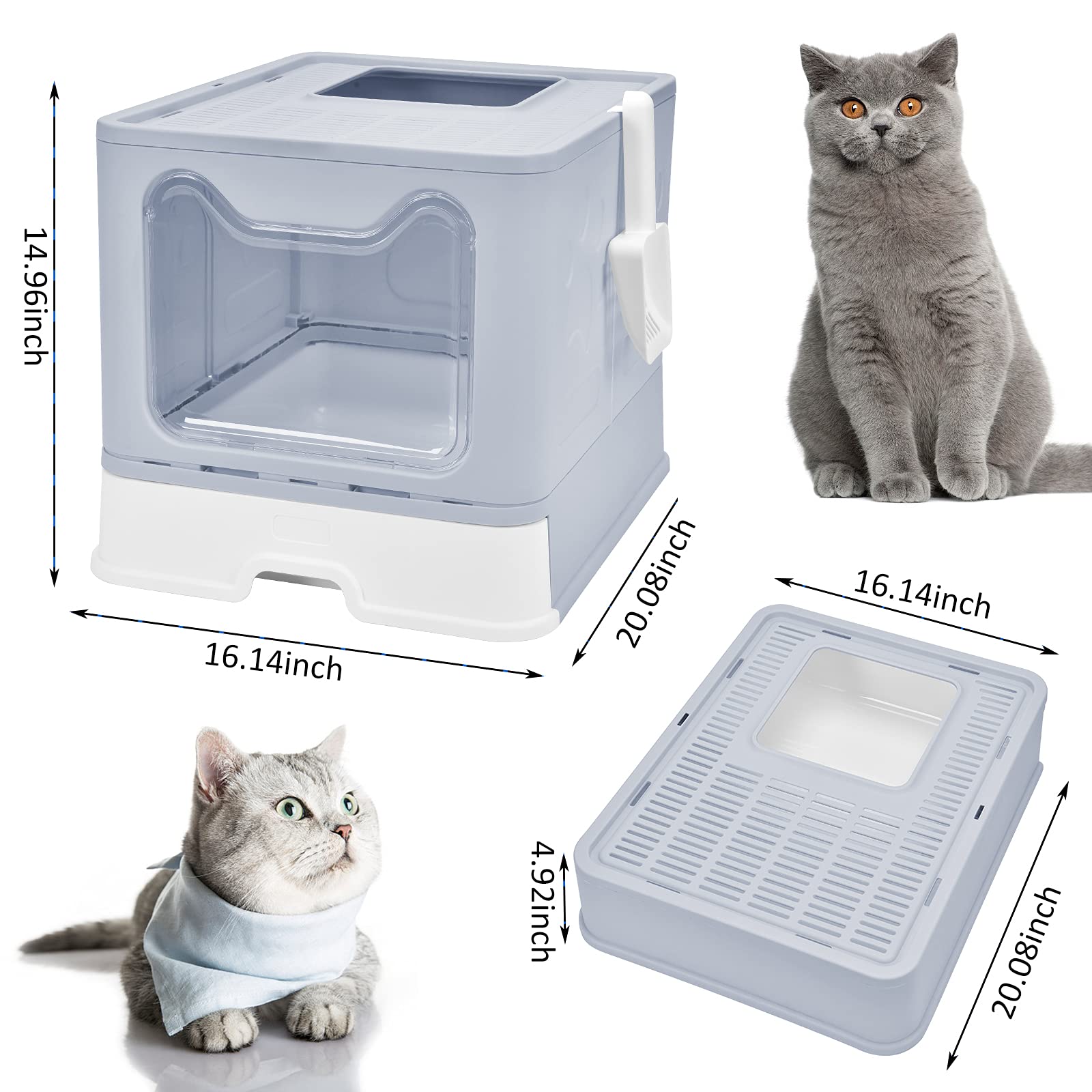 Panghuhu88 Foldable Cat Litter Box With Lid, Large Top Entry Cat Toilet, Enclosed Cat Potty Include Cat Litter Scoop, Drawer Type Easy Clean Cat Litter Pan (Grey, 20' L X 16' W X 15' H)