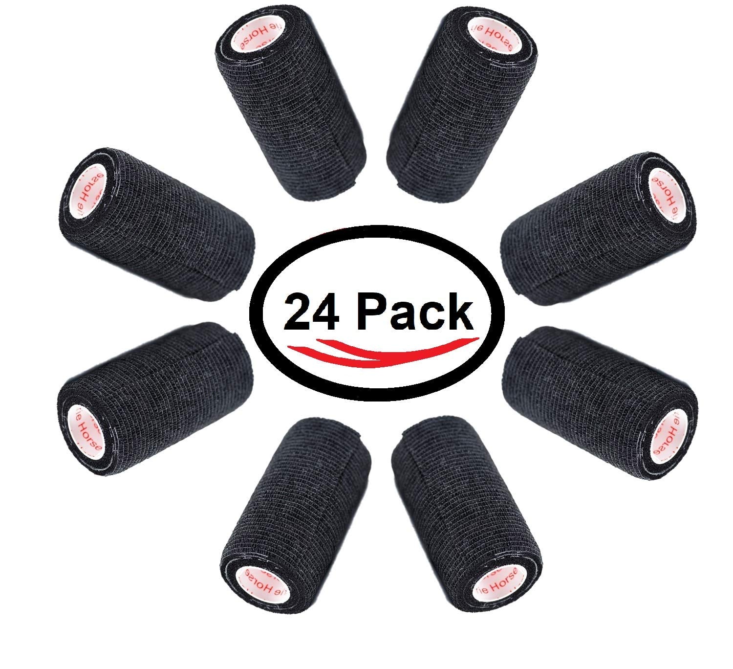 3 Inch Vet Wrap Tape Bulk (Black) (Pack of 24) Self Adhesive Adherent Adhering Flex Bandage Grip Roll for Dog Cat Pet Horse